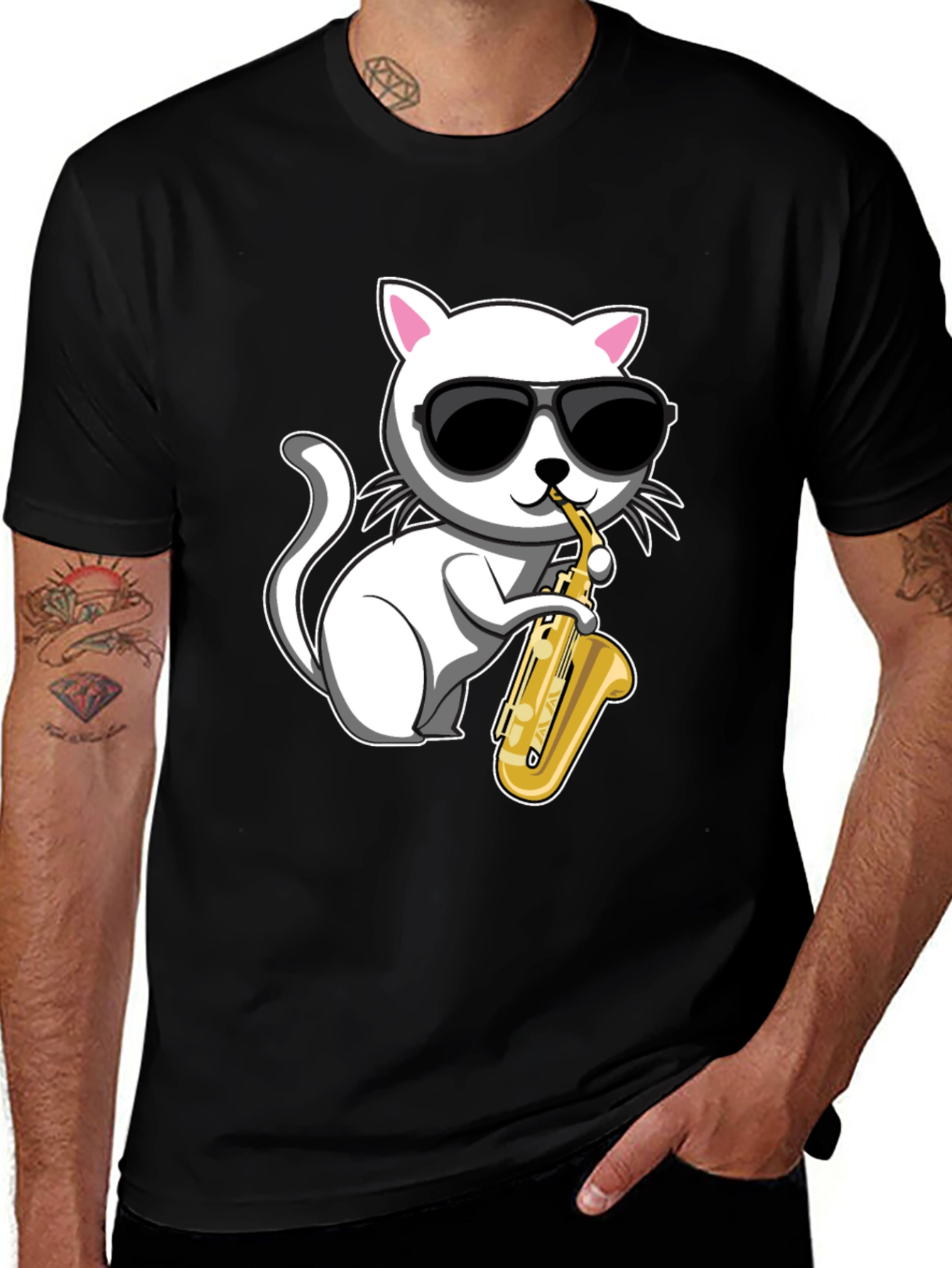 Cool Cat Saxophone T-Shirt - Black