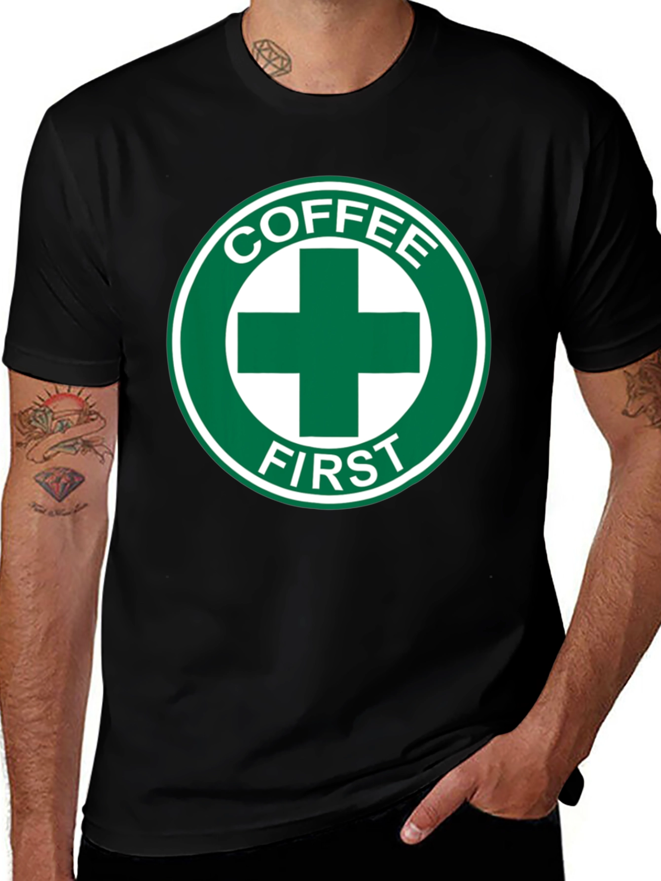 Variant 7 of Coffee First T-Shirt - Green Cross Design