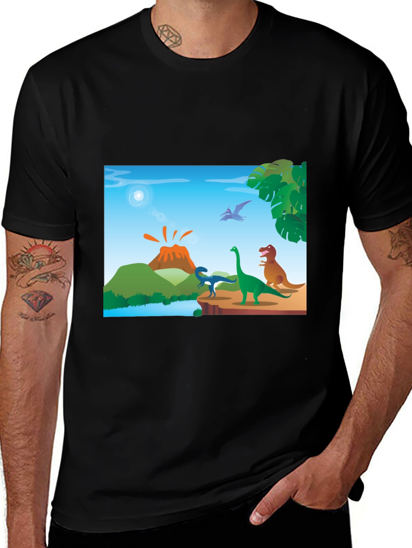 Variant 25 of Cartoon Dinosaur Scene Black T-Shirt