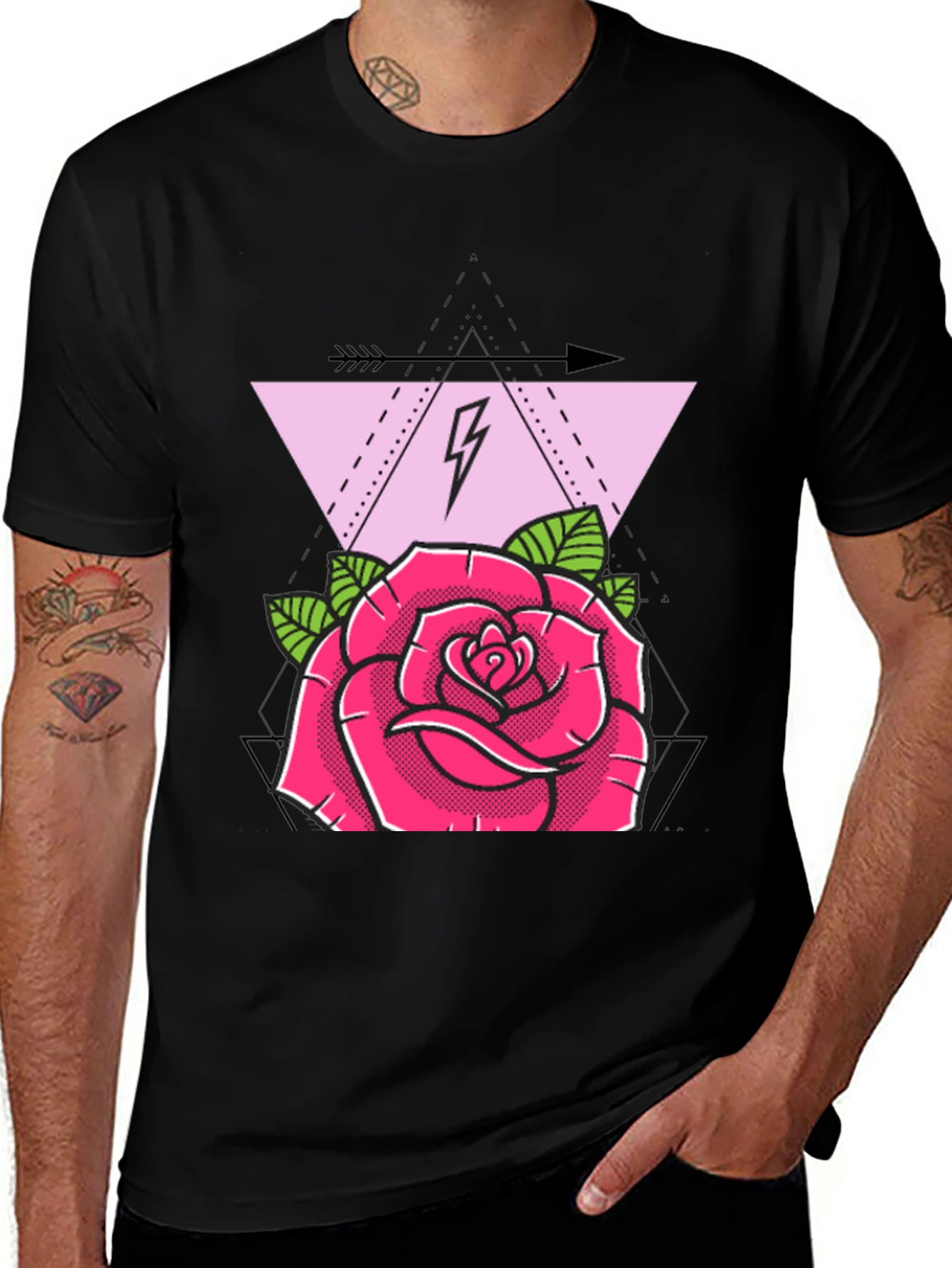 Variant 7 of Geometric Rose Graphic Tee - Black Cotton Blend Shirt