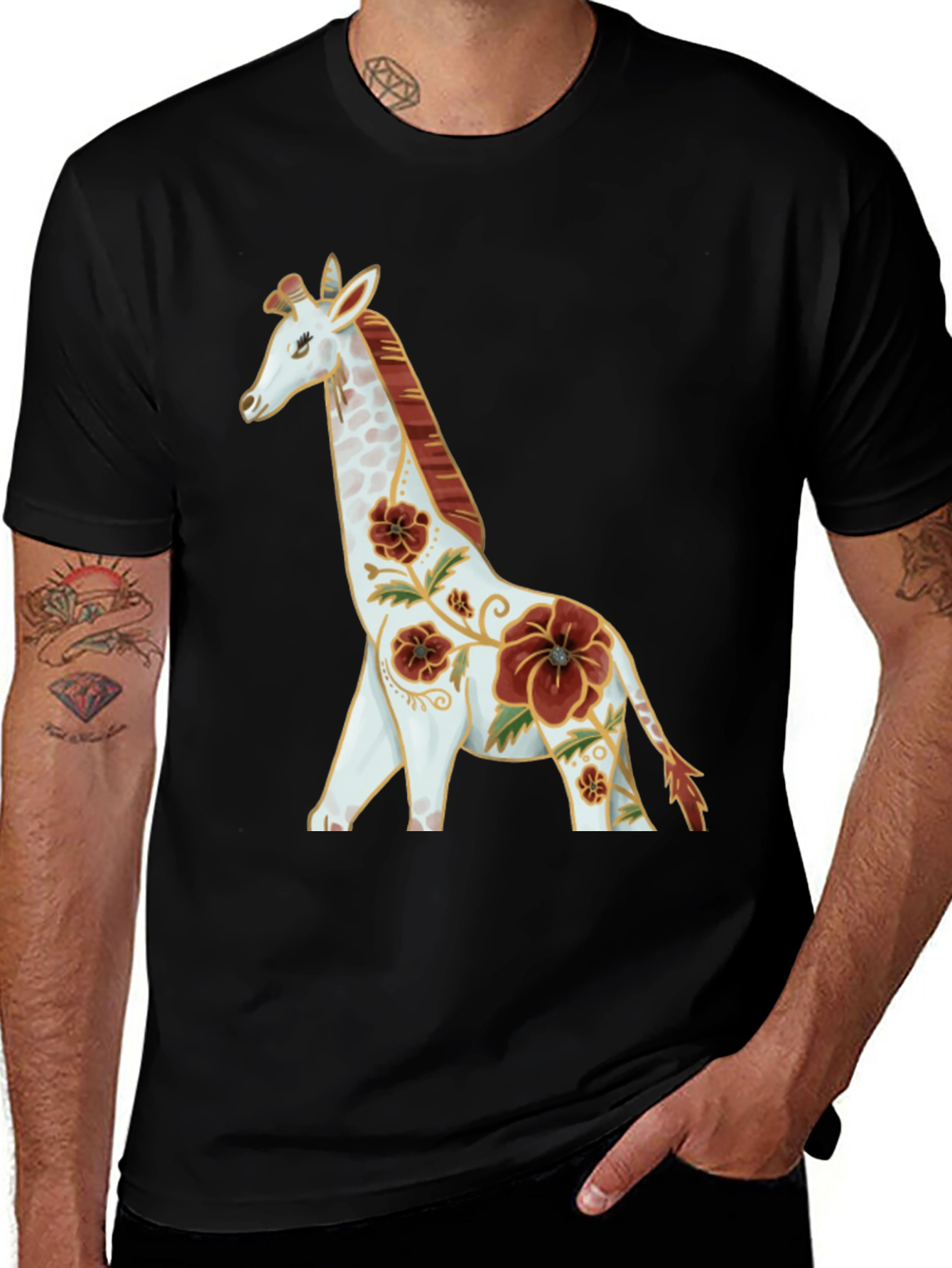 Variant 17 of Floral Giraffe Graphic Tee - Black