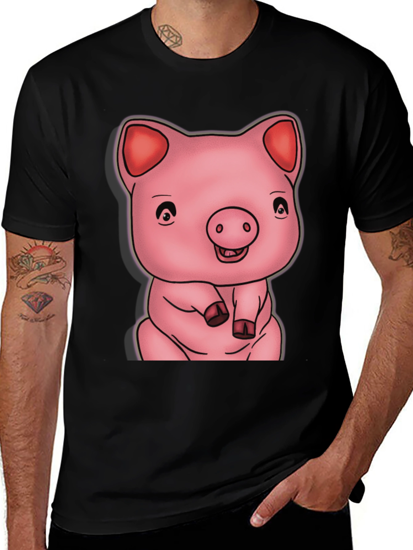 Black Cute Pig Graphic Black T-Shirt main image