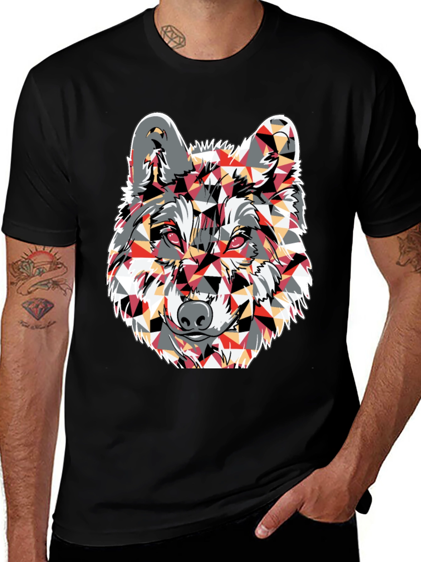Variant 5 of Geometric Wolf Graphic Print Black T-Shirt