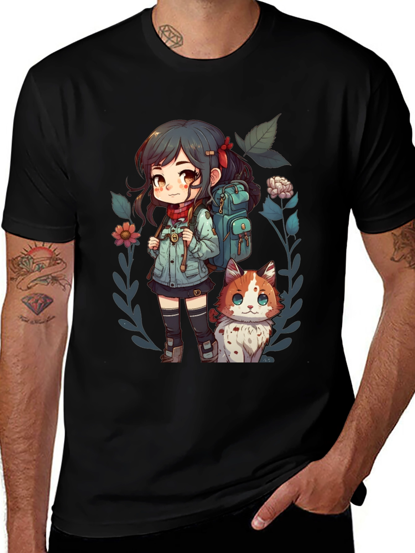 Variant 10 of Anime Girl & Cat Graphic Tee - Unisex Black T-Shirt