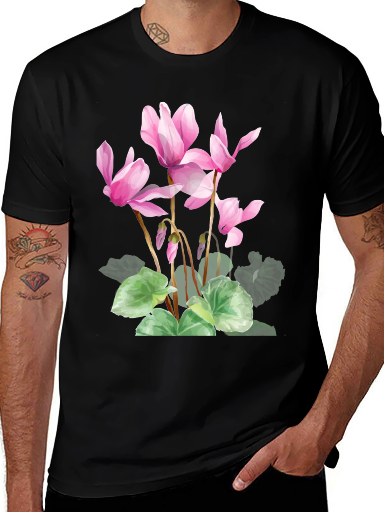 Variant 8 of Floral Print Black T-Shirt - Stylish Botanical Design