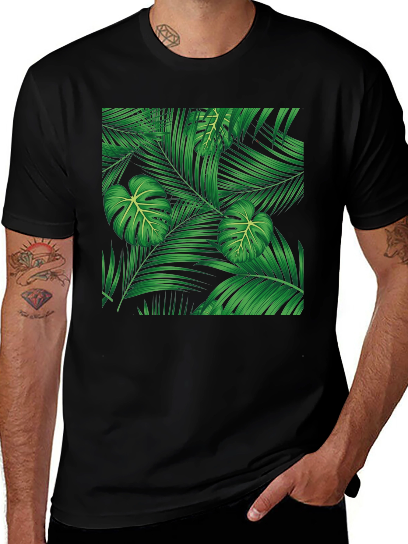 Variant 23 of Tropical Leaf Print Black T-Shirt