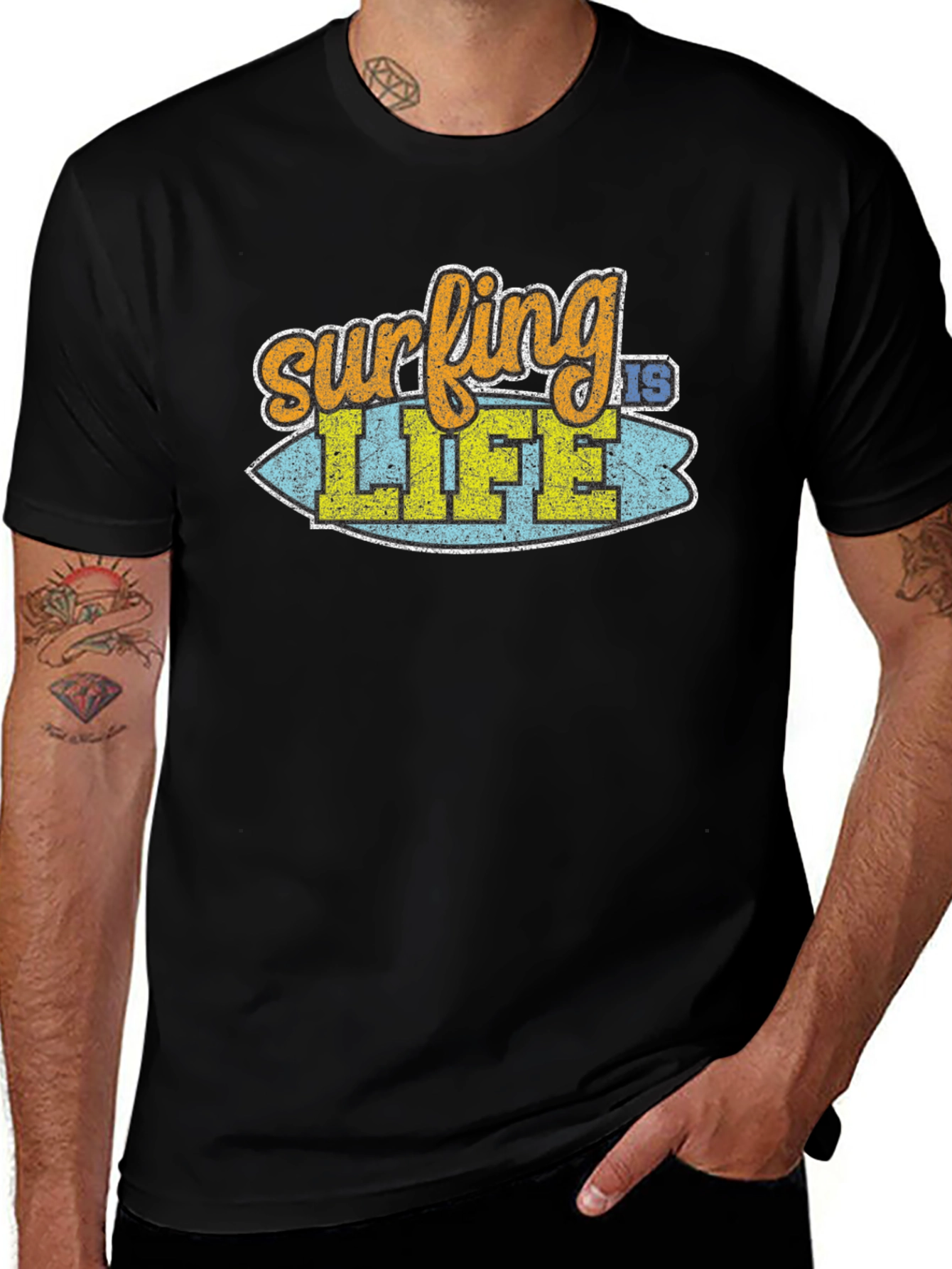 Variant 26 of Surfing is Life Graphic Tee - Black Cotton T-Shirt
