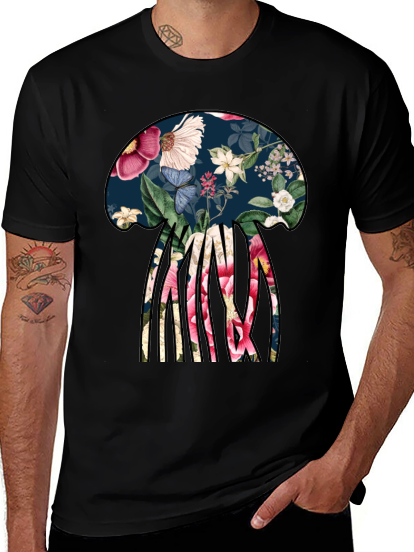 Variant 16 of Floral Jellyfish Graphic Tee - Black Cotton T-Shirt