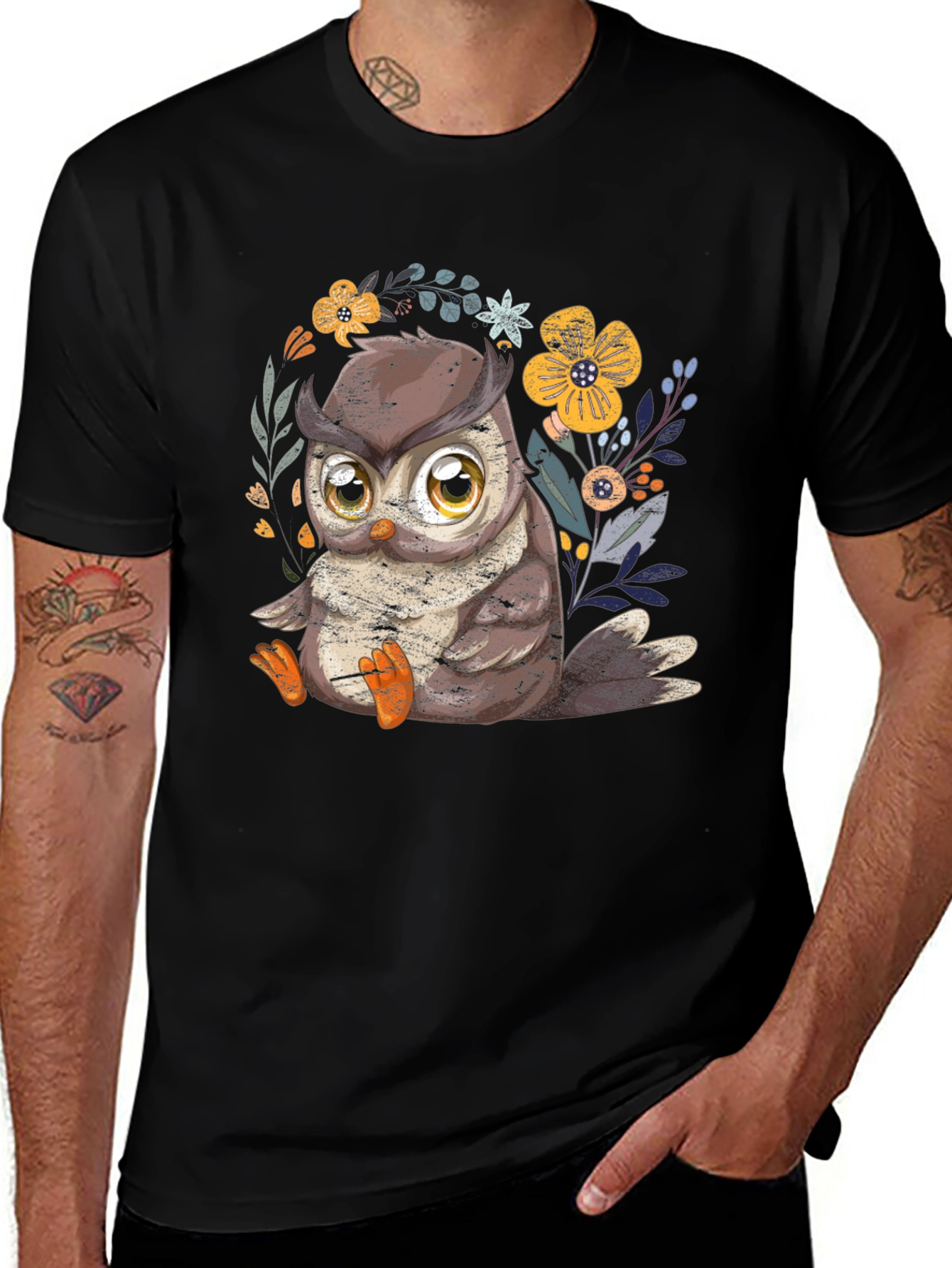 Variant 21 of Cute Owl Graphic Tee - Black Cotton T-Shirt