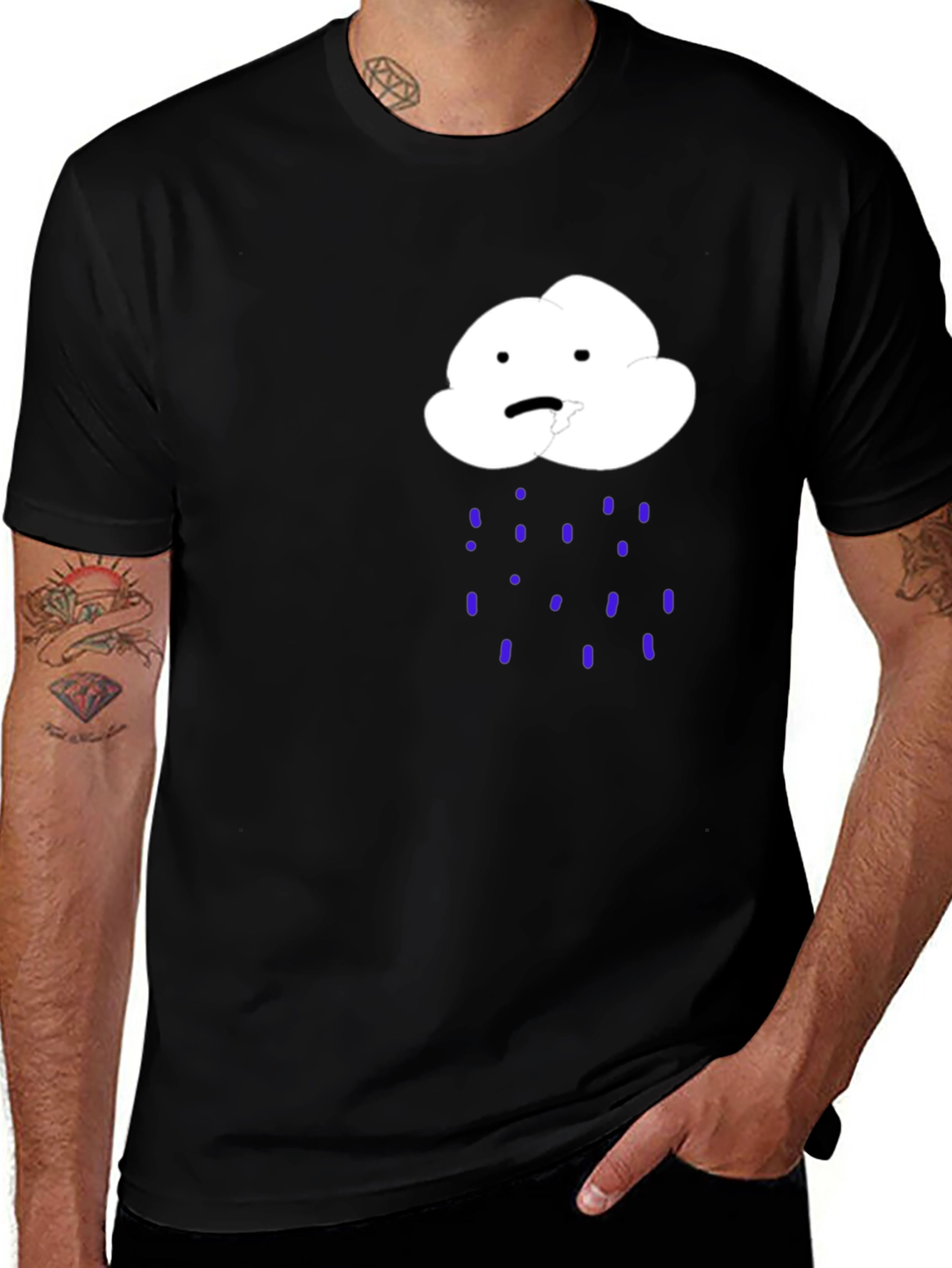 Variant 7 of Sad Cloud Rain Graphic Tee - Black Cotton T-Shirt