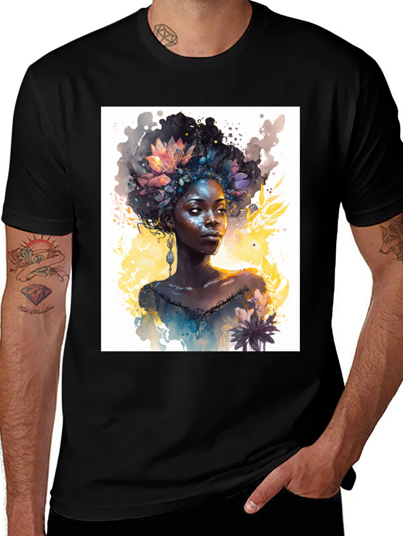 Variant 21 of Watercolor Floral Woman Black T-Shirt