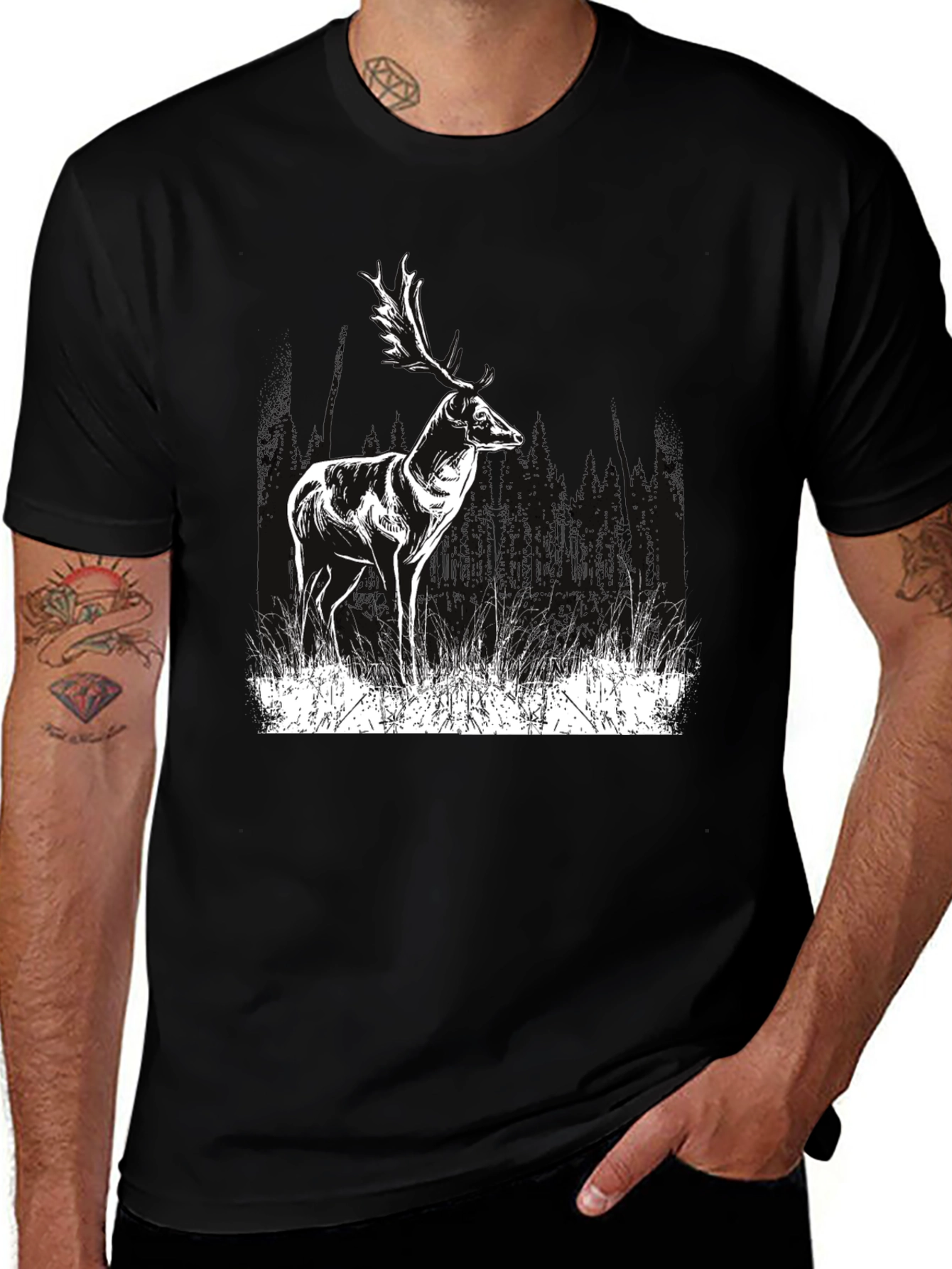 Variant 12 of Deer Graphic Print Black T-Shirt