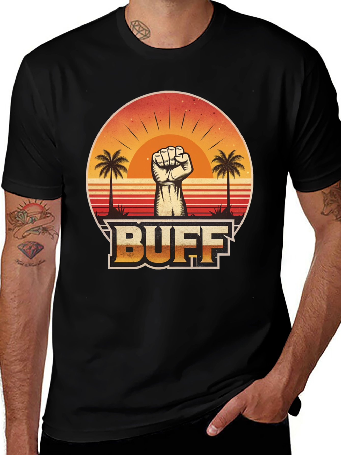 Variant 13 of Buff Graphic T-Shirt: Sunset Fist Design