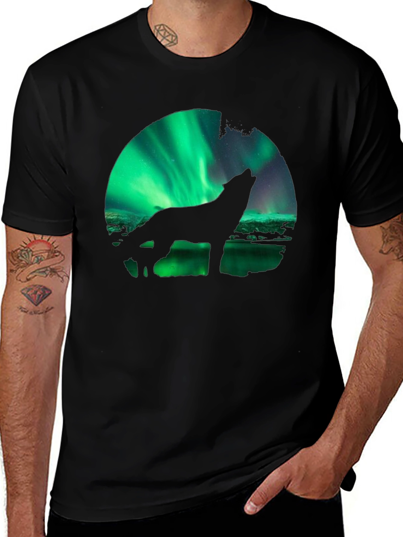 Variant 12 of Wolf Aurora Borealis Graphic Black T-Shirt