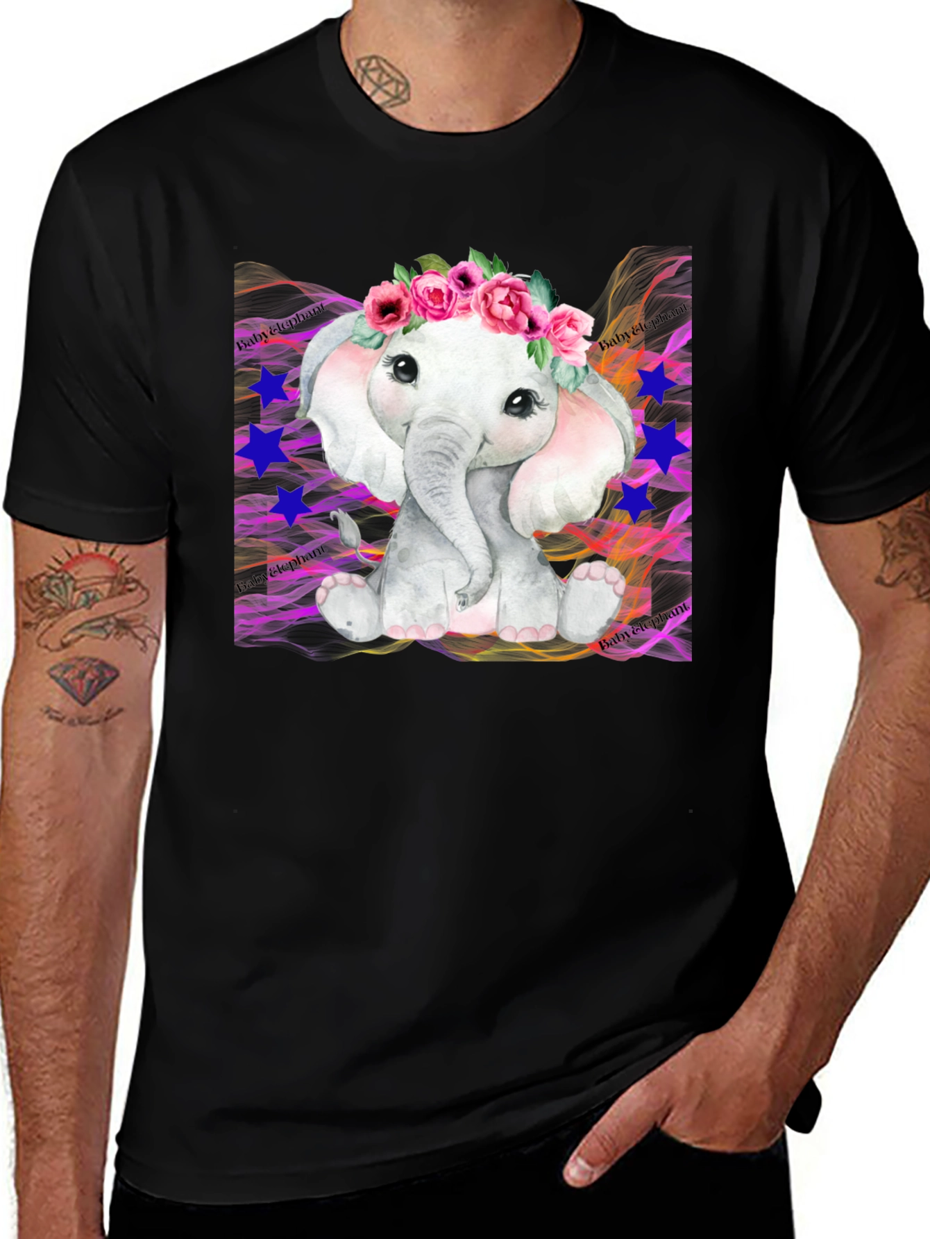 Variant 28 of Cute Baby Elephant Floral Wreath Black T-Shirt