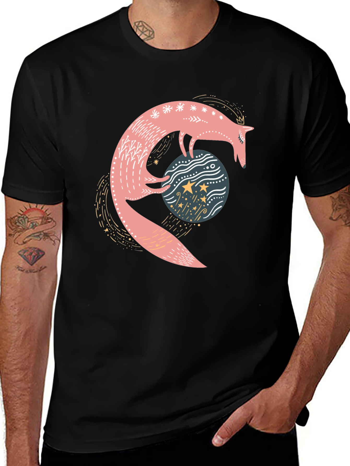 Black Whimsical Fox & Planet Black T-Shirt main image