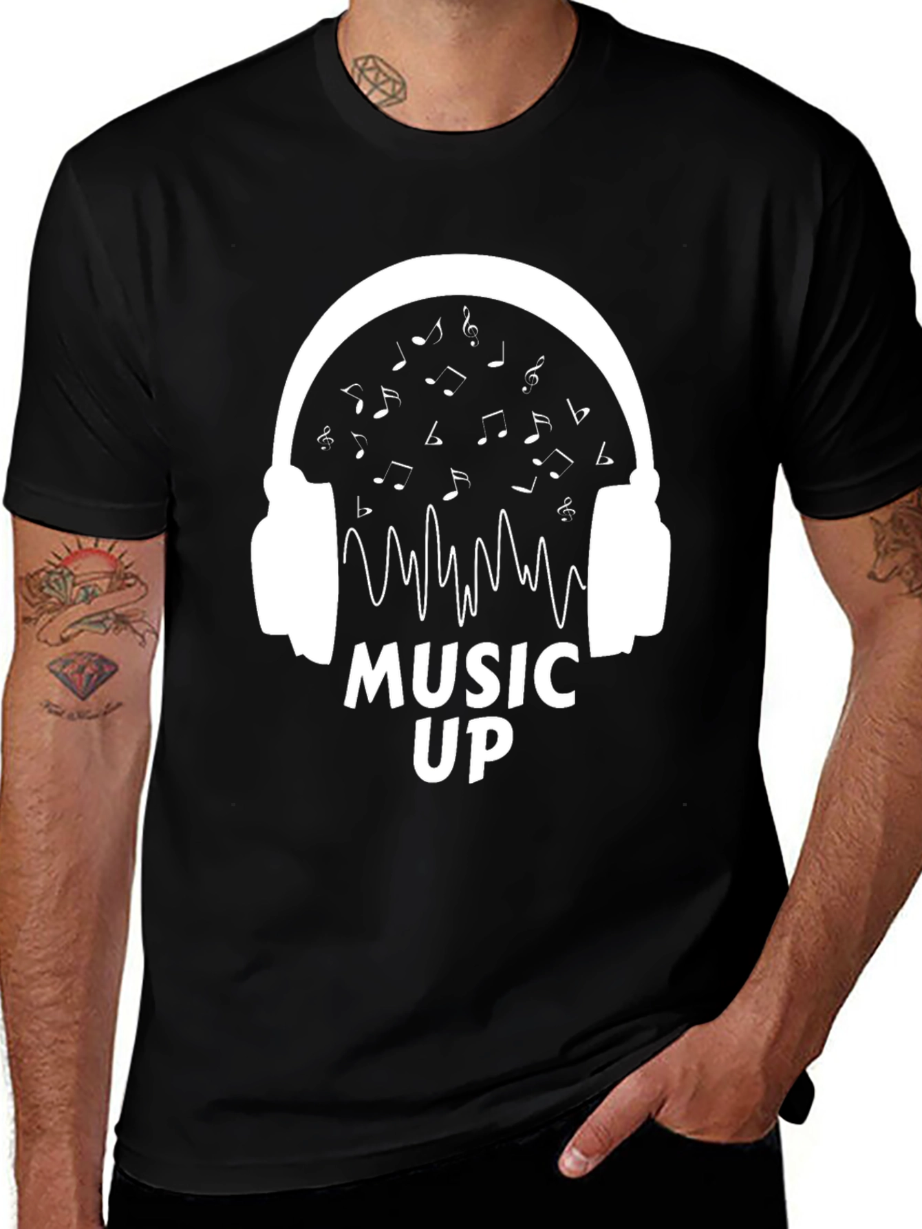 Music Up Headphones Graphic Tee - Black Cotton Shirt
