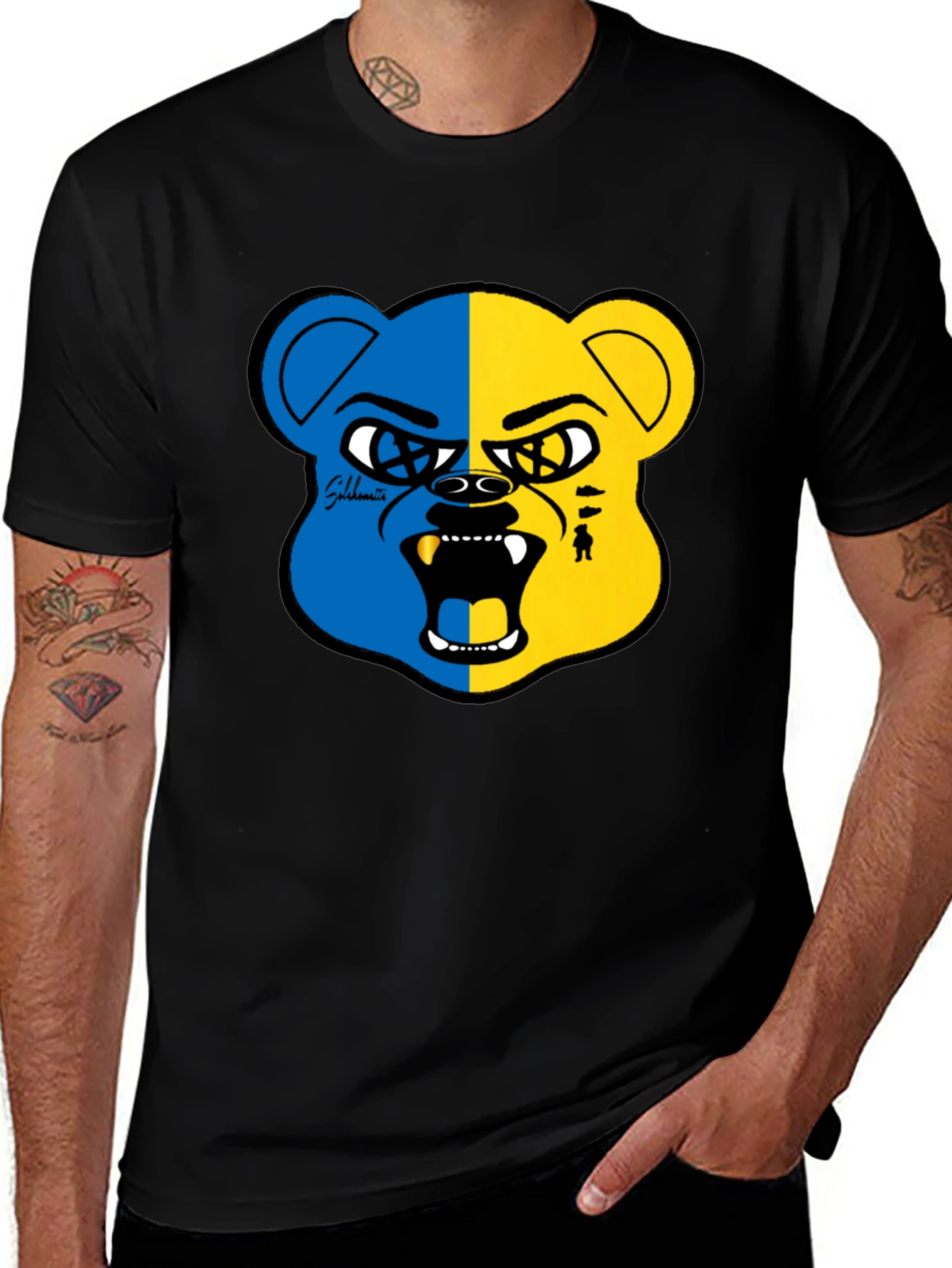 Variant 18 of Blue and Yellow Bear Graphic Black T-Shirt