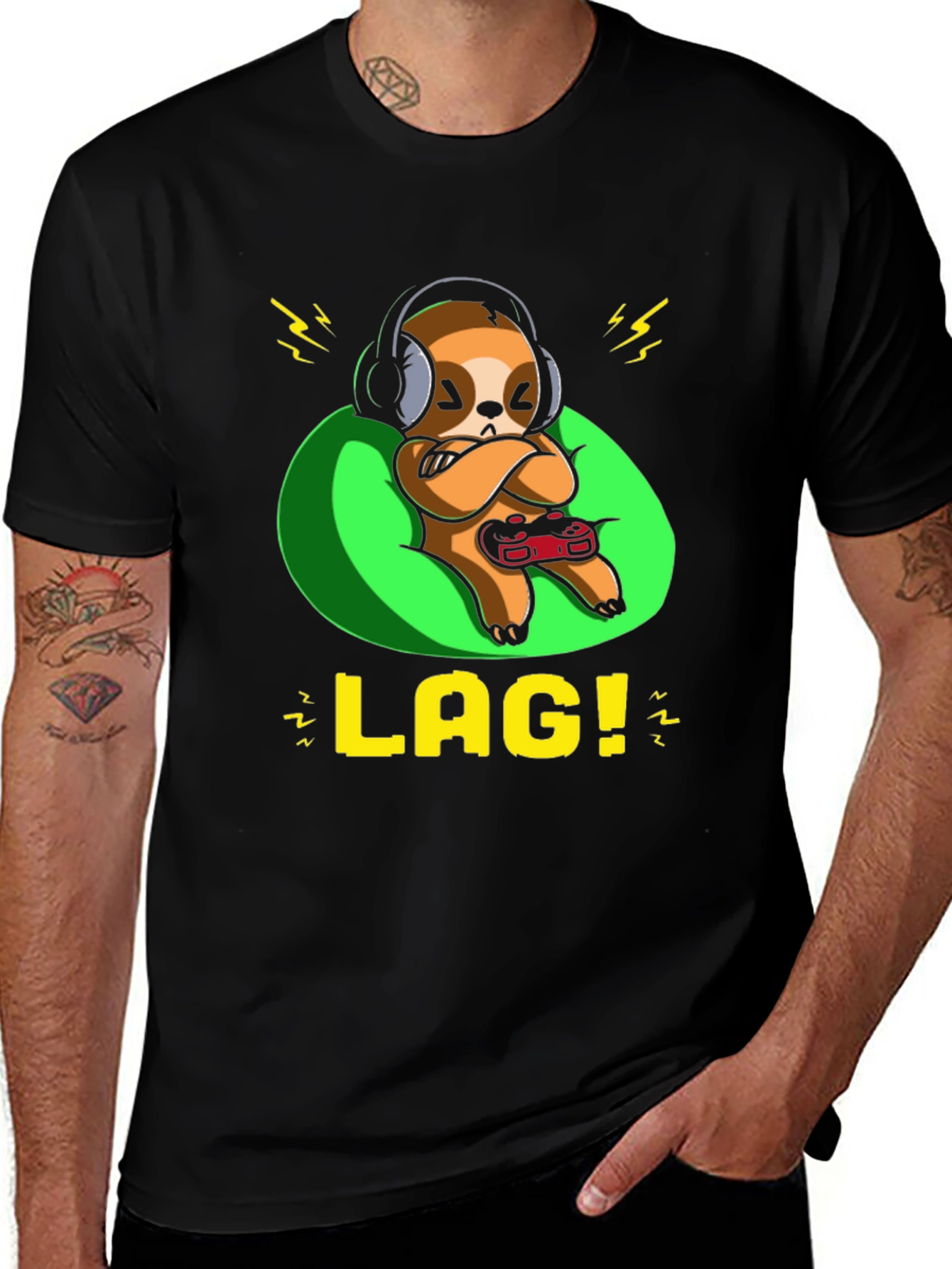 Variant 23 of Gamer Sloth 'LAG!' Black T-Shirt