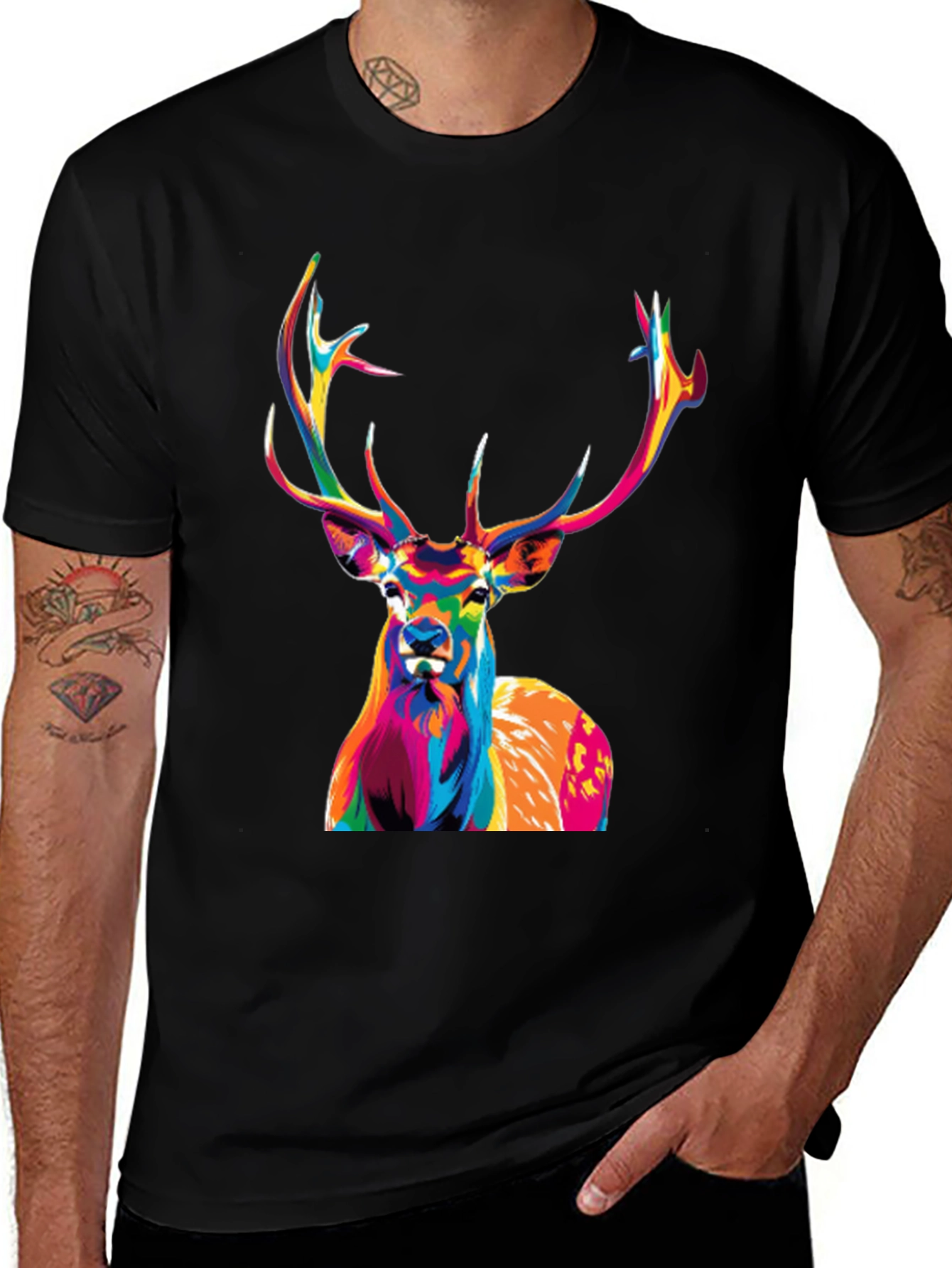 Variant 20 of Colorful Deer Graphic Print Tee - Men's Black T-Shirt