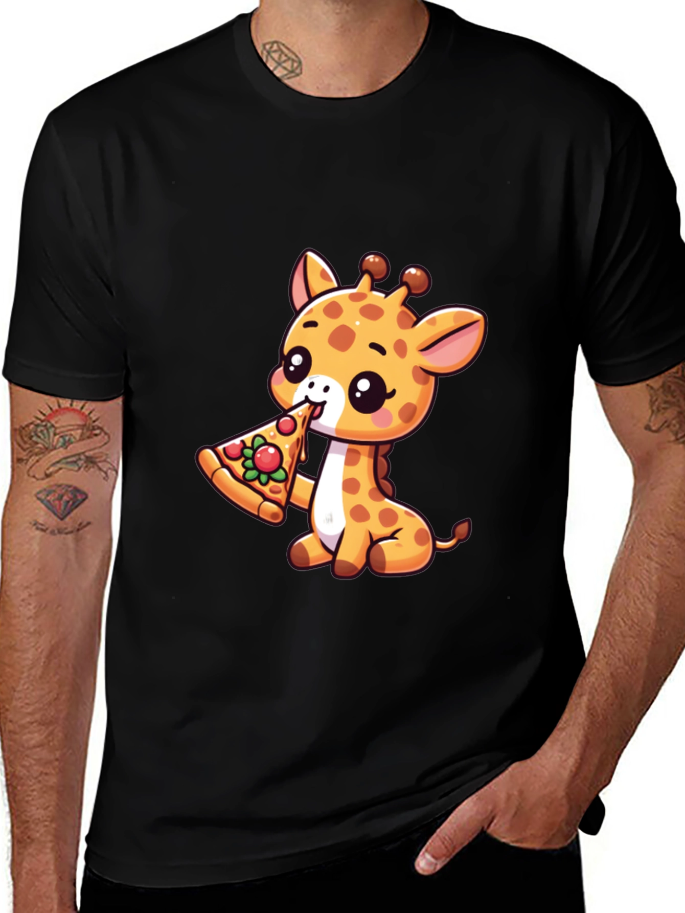 Black Cute Giraffe Pizza Lover T-Shirt main image