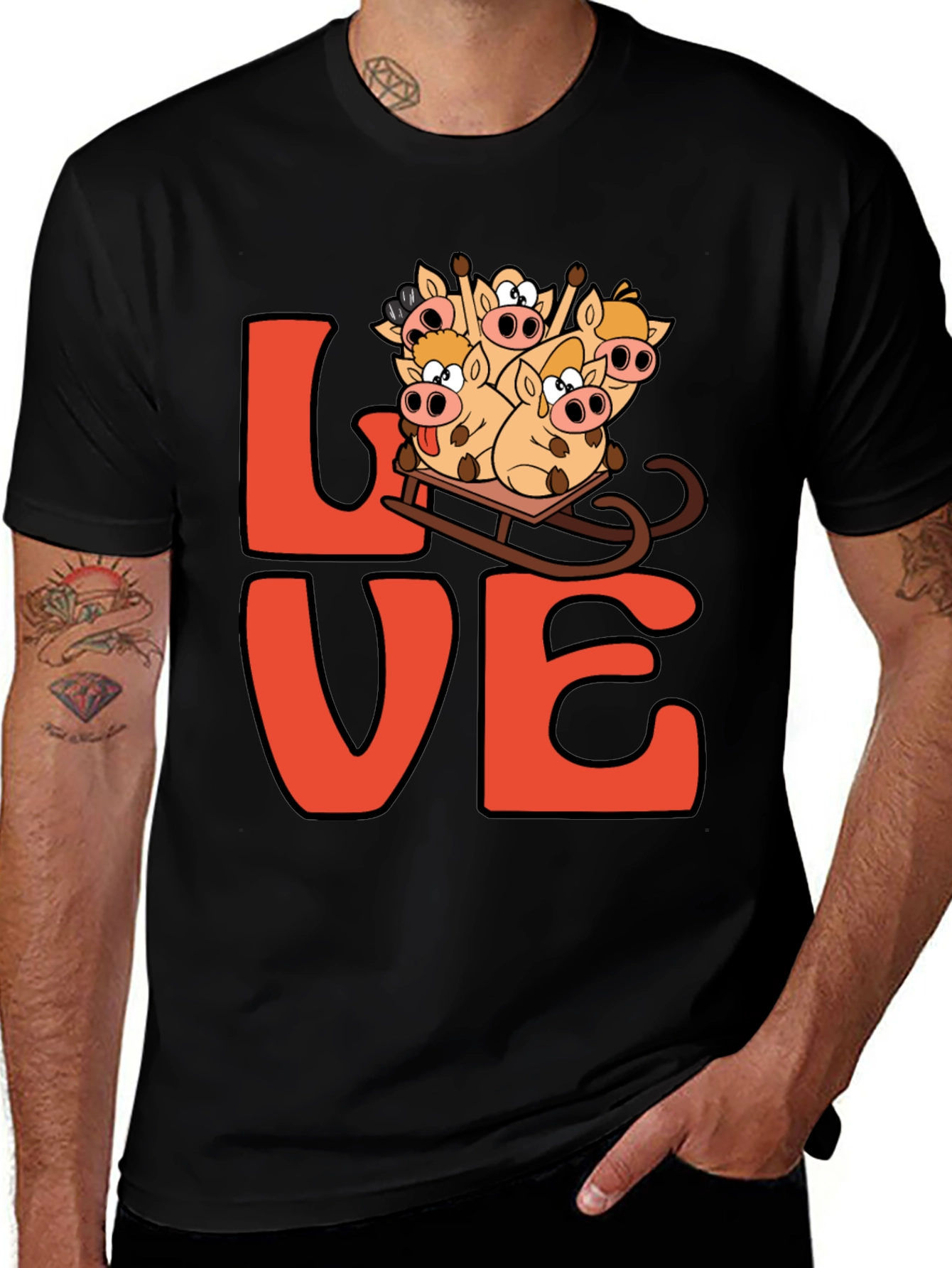Variant 23 of Love Pig Sled Black T-Shirt