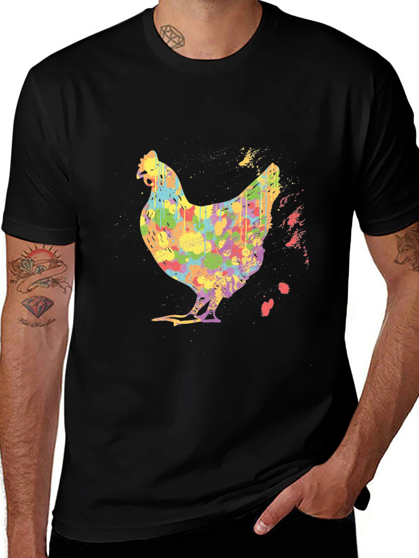 Variant 19 of Colorful Chicken Graphic Tee - Men's Black T-Shirt
