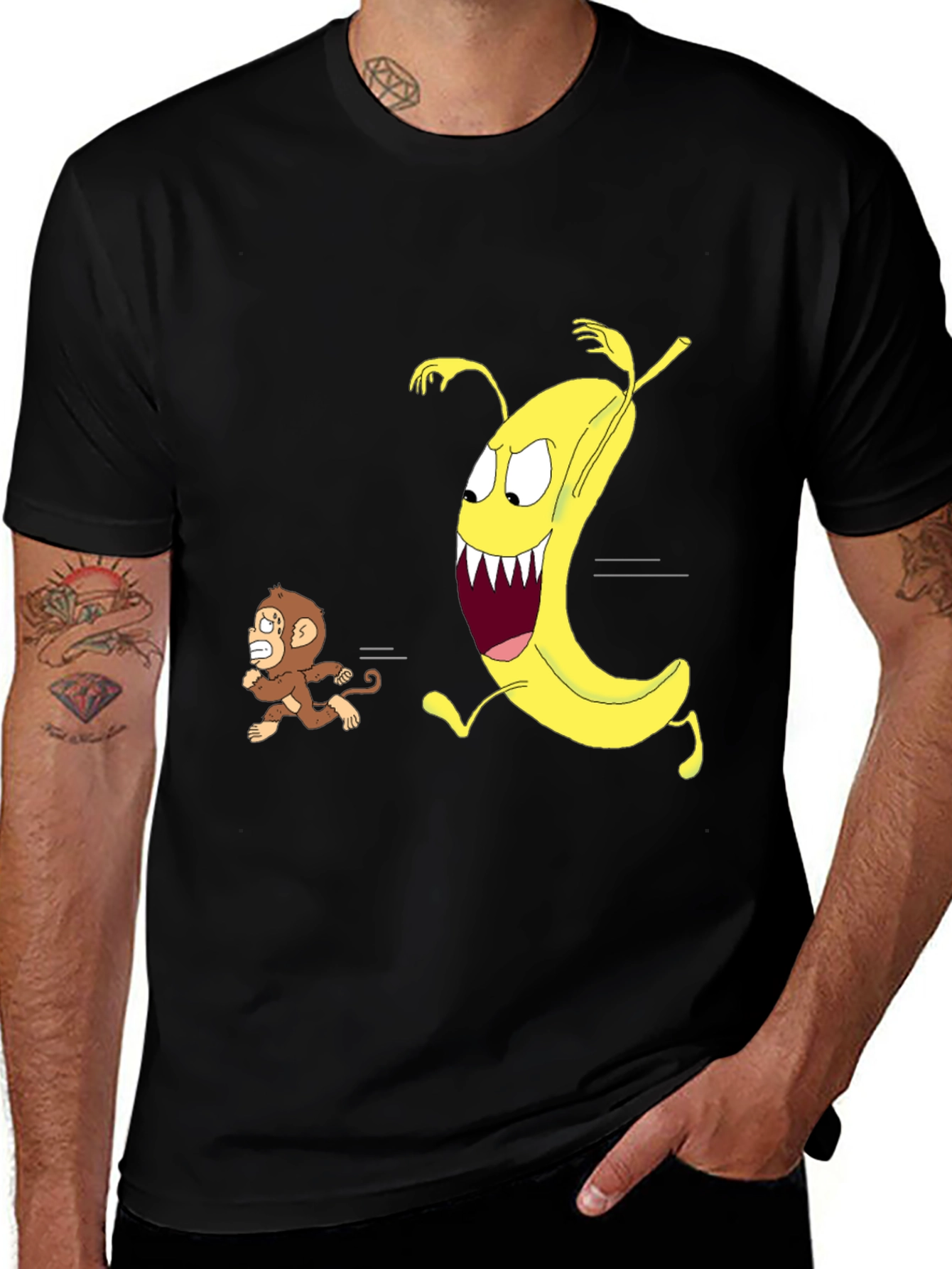 Variant 19 of Funny Monkey vs Banana Cartoon Black T-Shirt