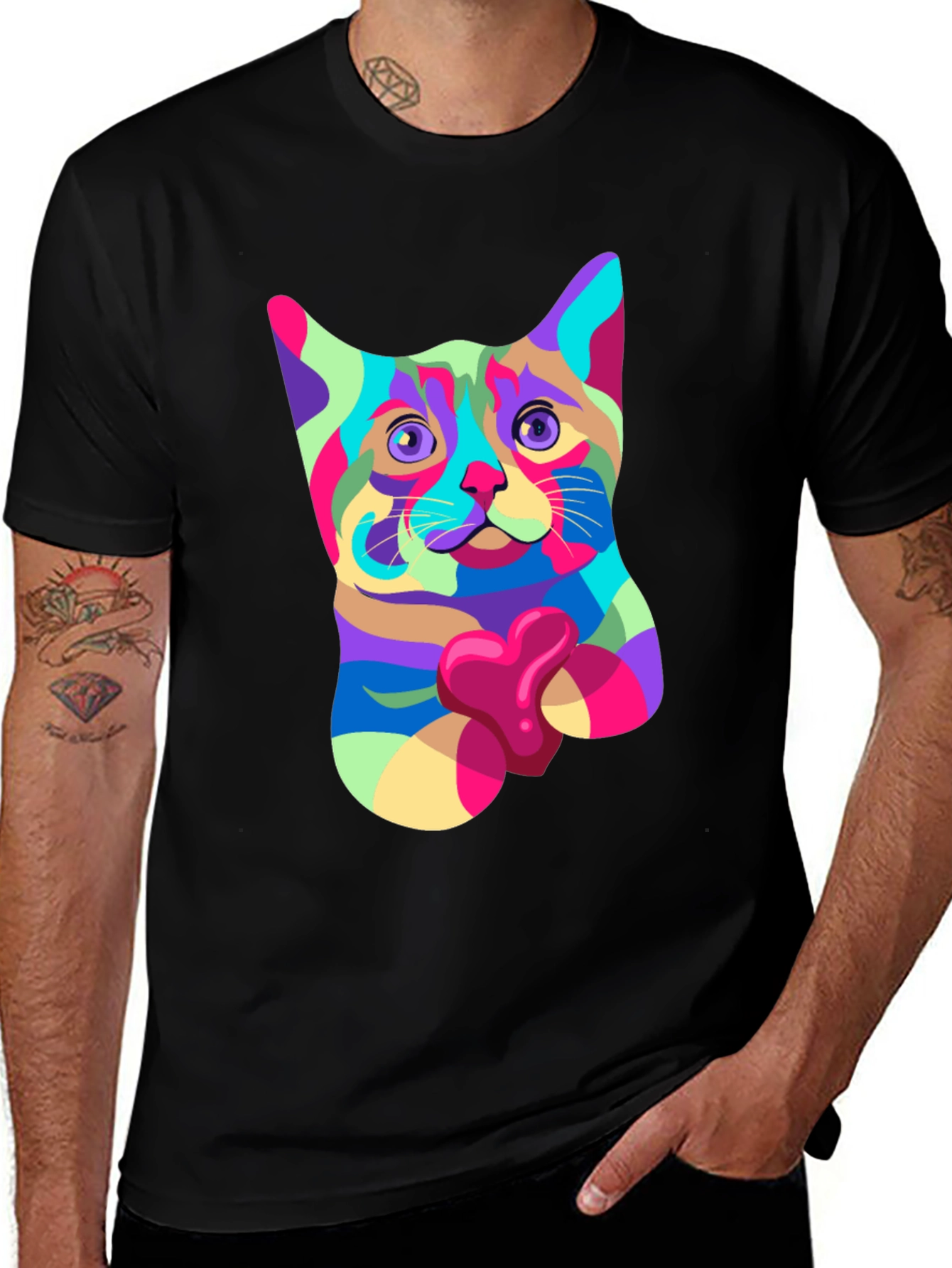 Variant 13 of Colorful Cat Holding Heart Graphic Tee