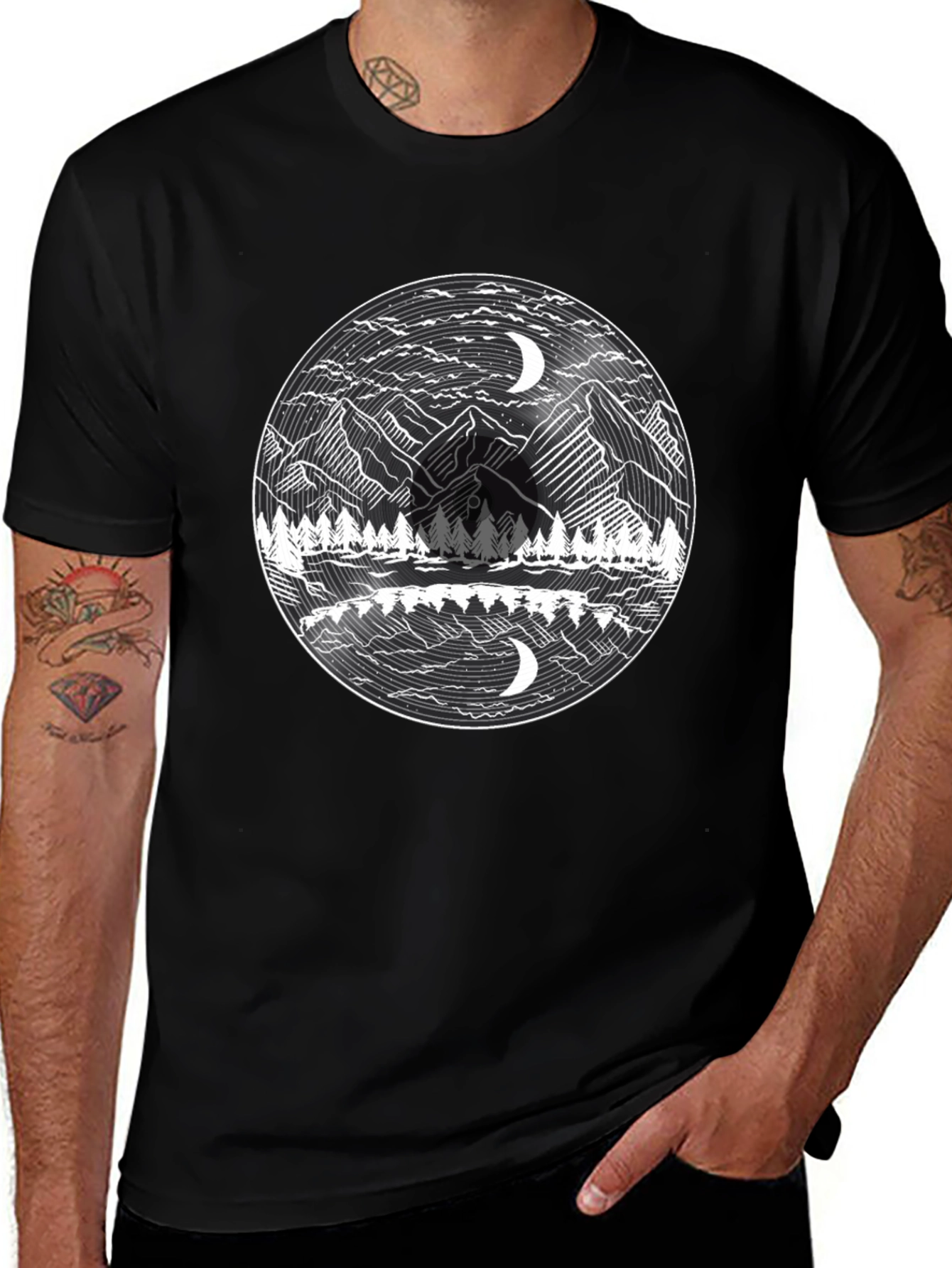 Variant 3 of Mountain & Moon Graphic Tee - Black Cotton T-Shirt