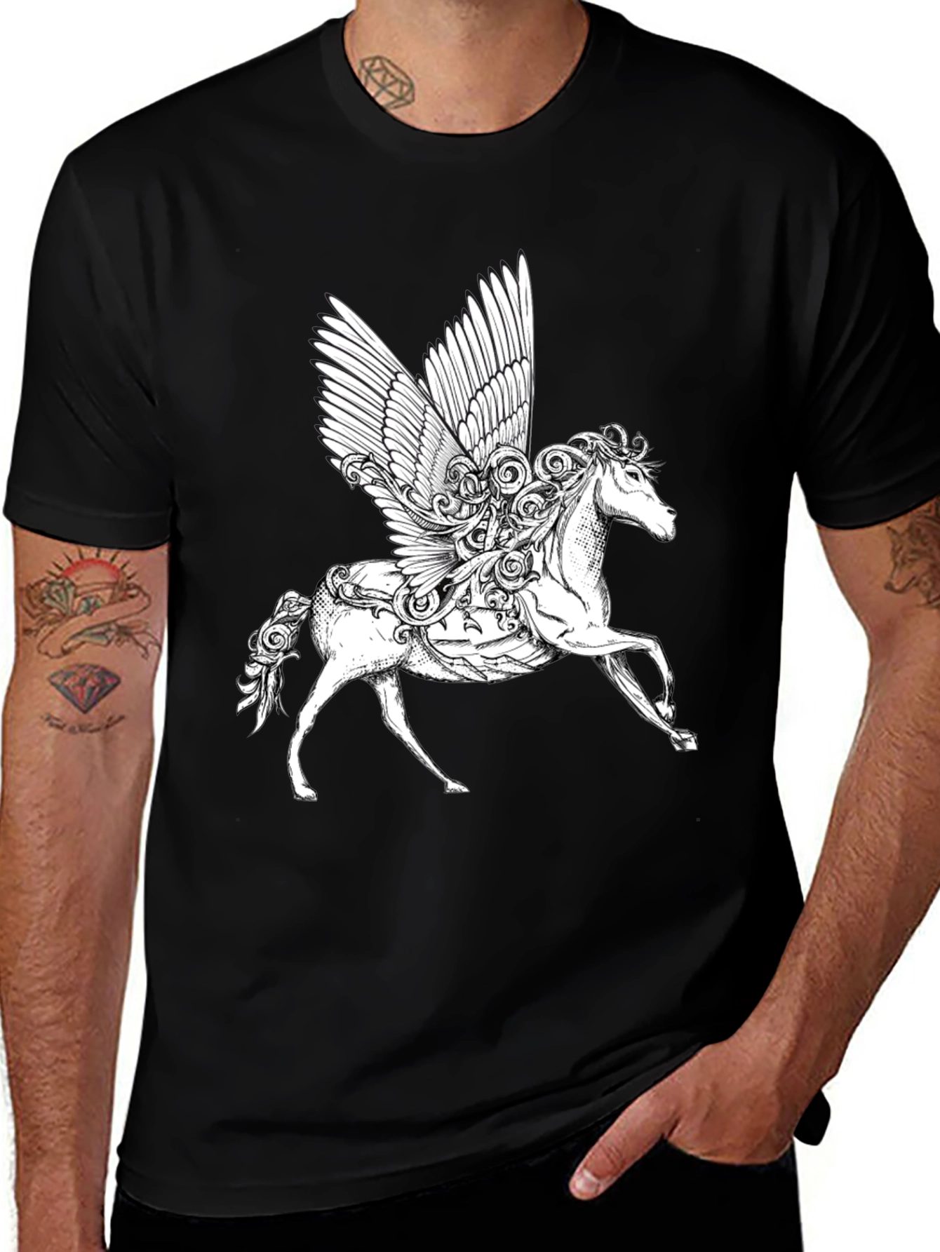 Variant 27 of Pegasus Graphic T-Shirt - Black Tee, Fantasy Design