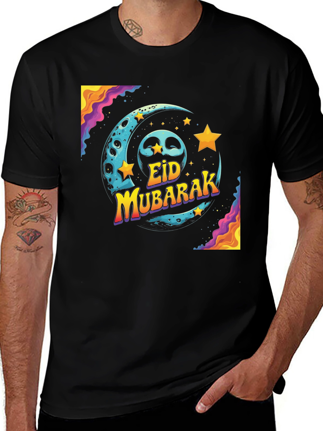 Eid Mubarak Graphic T-Shirt - Festive Moon & Stars