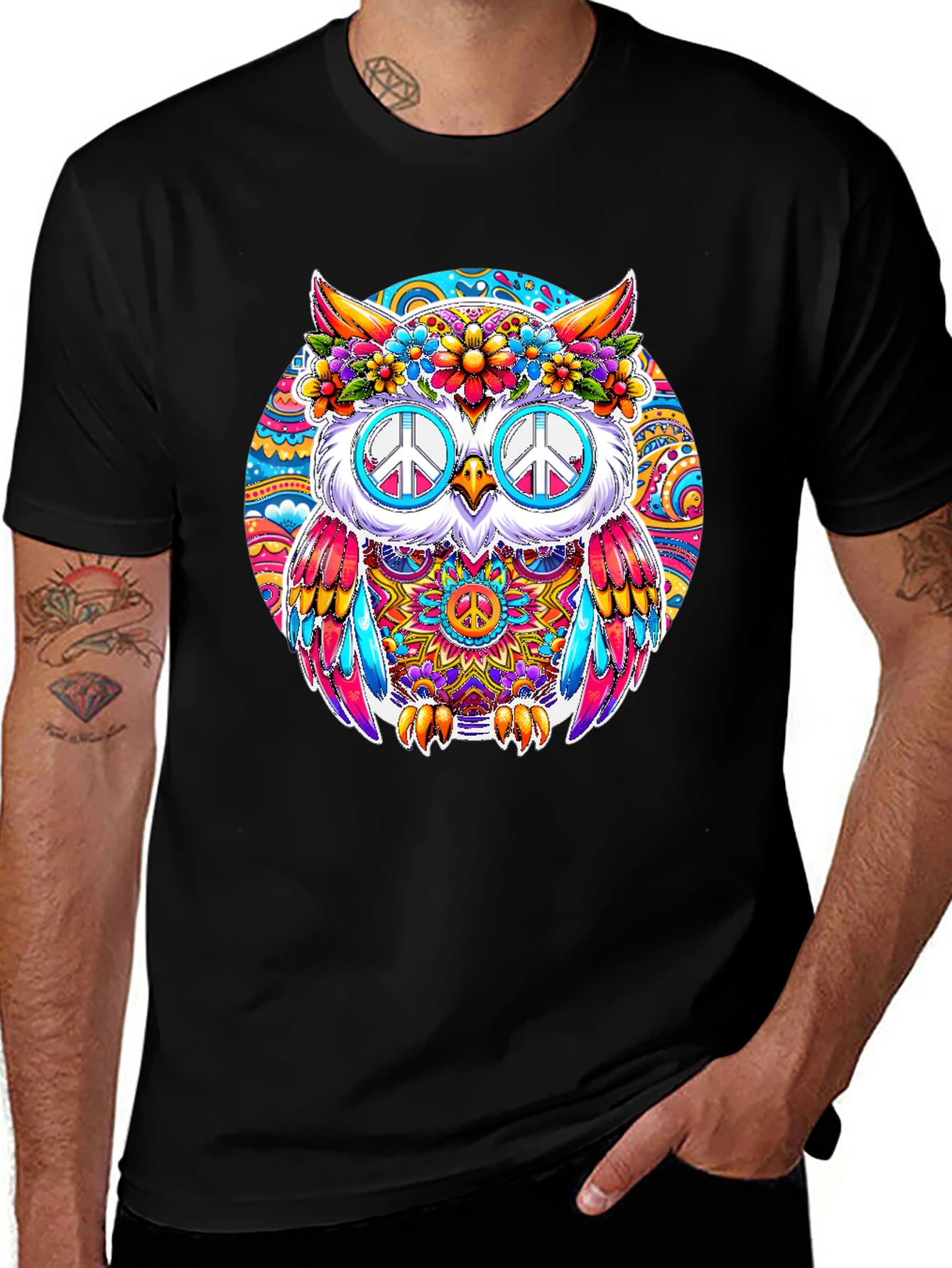 Hippie Owl Graphic Tee - Peace Sign Sunglasses