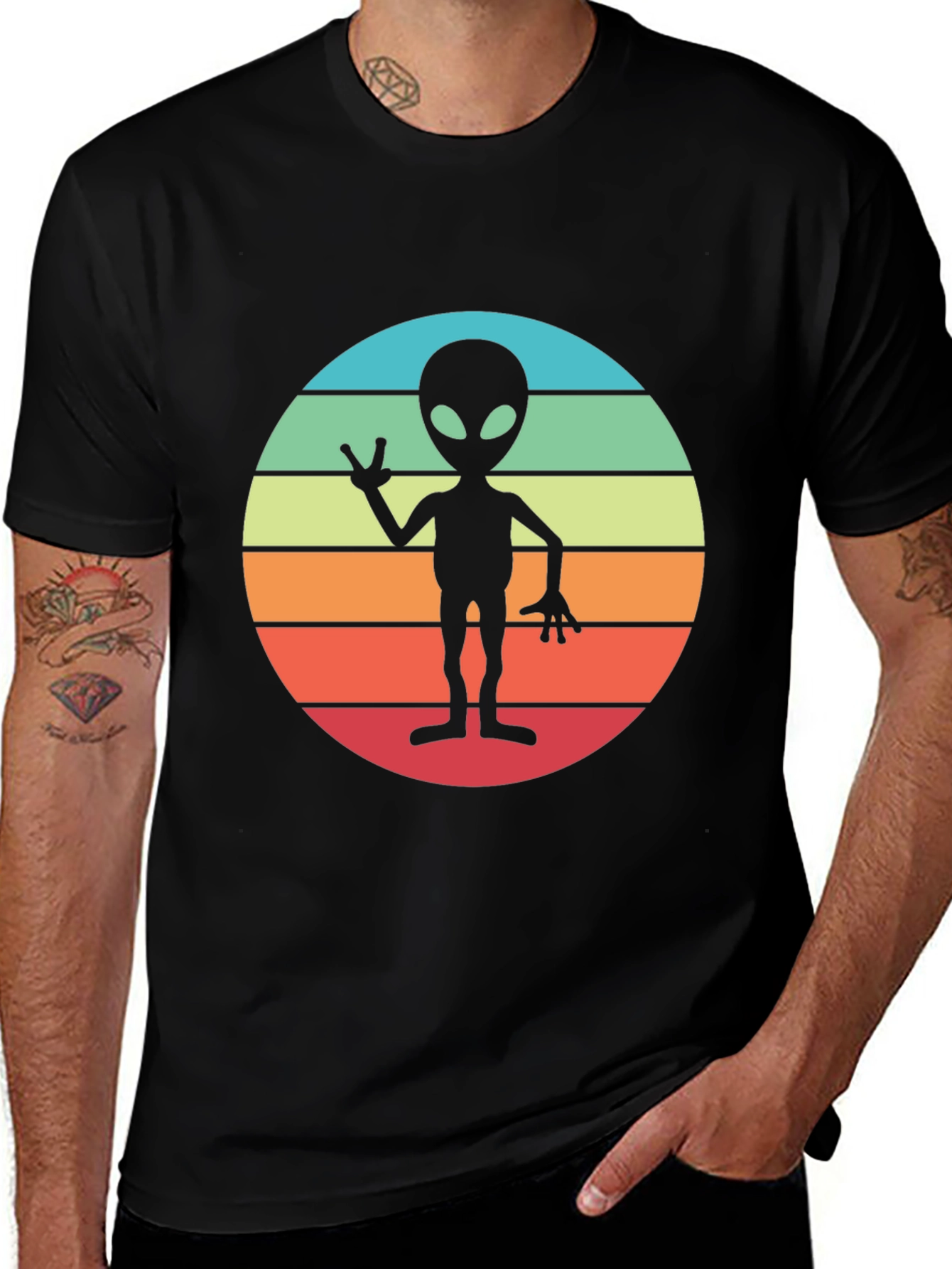 Variant 5 of Retro Alien Sunset Graphic Tee - Black