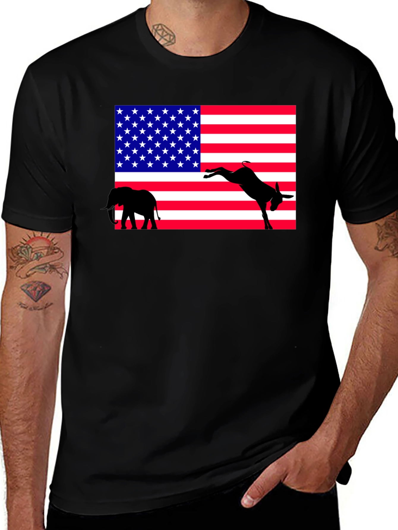 Variant 9 of Political Humor Tee: American Flag Donkey Kicking Elephant