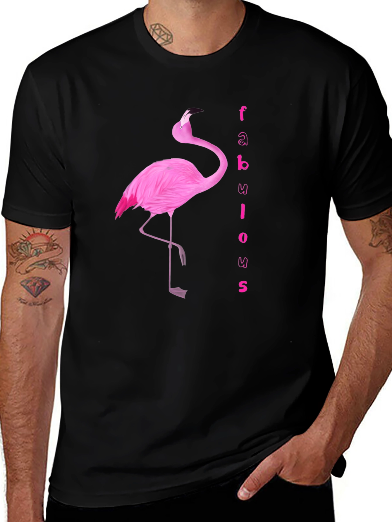 Variant 23 of Fabulous Flamingo Graphic Tee - Black Cotton T-Shirt