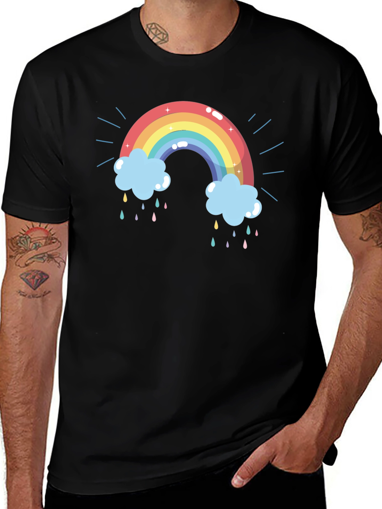 Rainbow Cloud Graphic Tee - Black Cotton T-Shirt