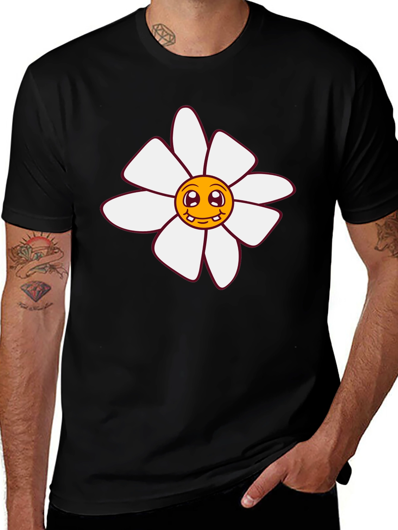 Variant 25 of Smiling Flower Graphic Tee - Black Cotton T-Shirt