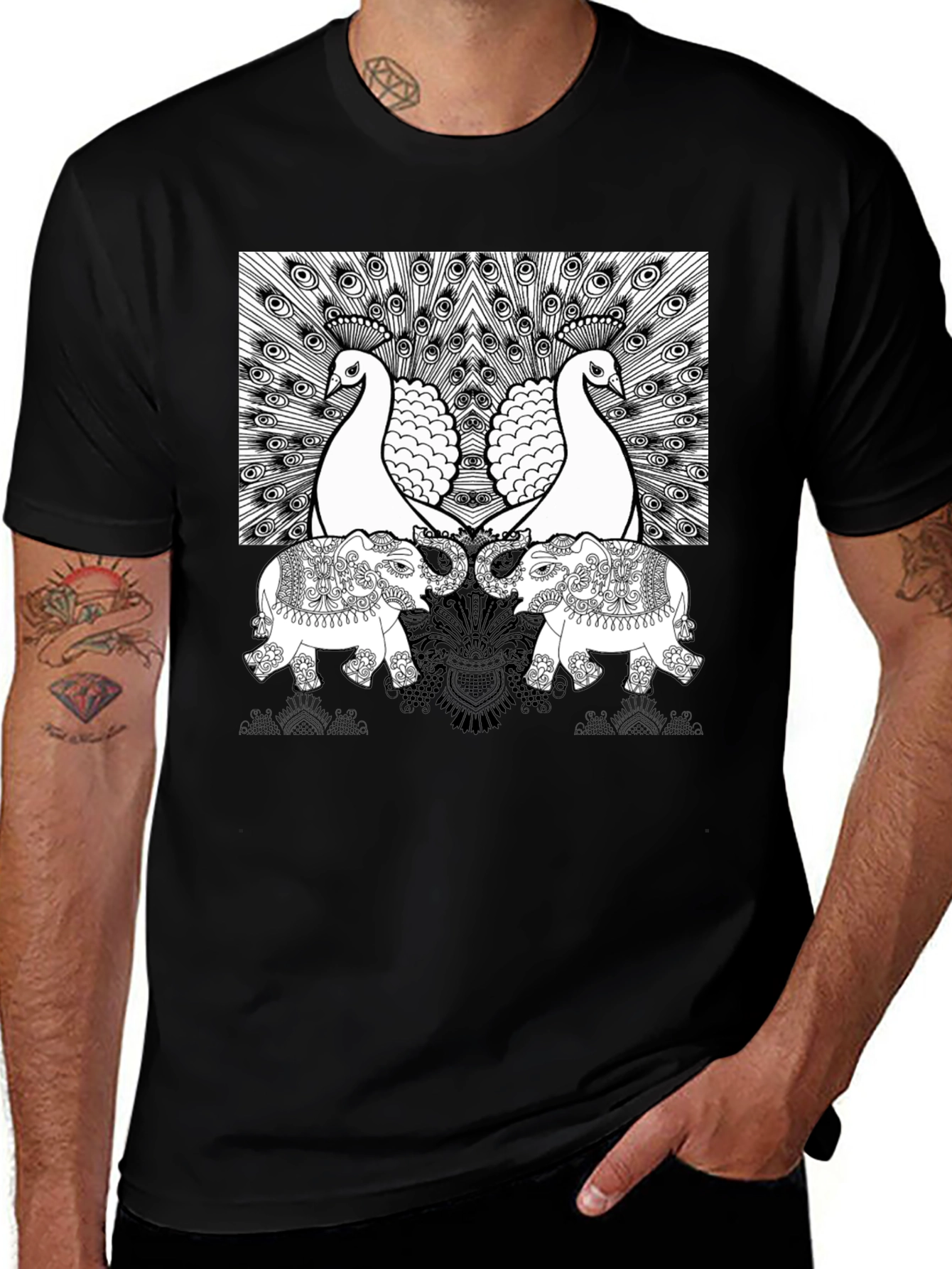 Variant 10 of Peacock Elephant Graphic Print Tee - Black