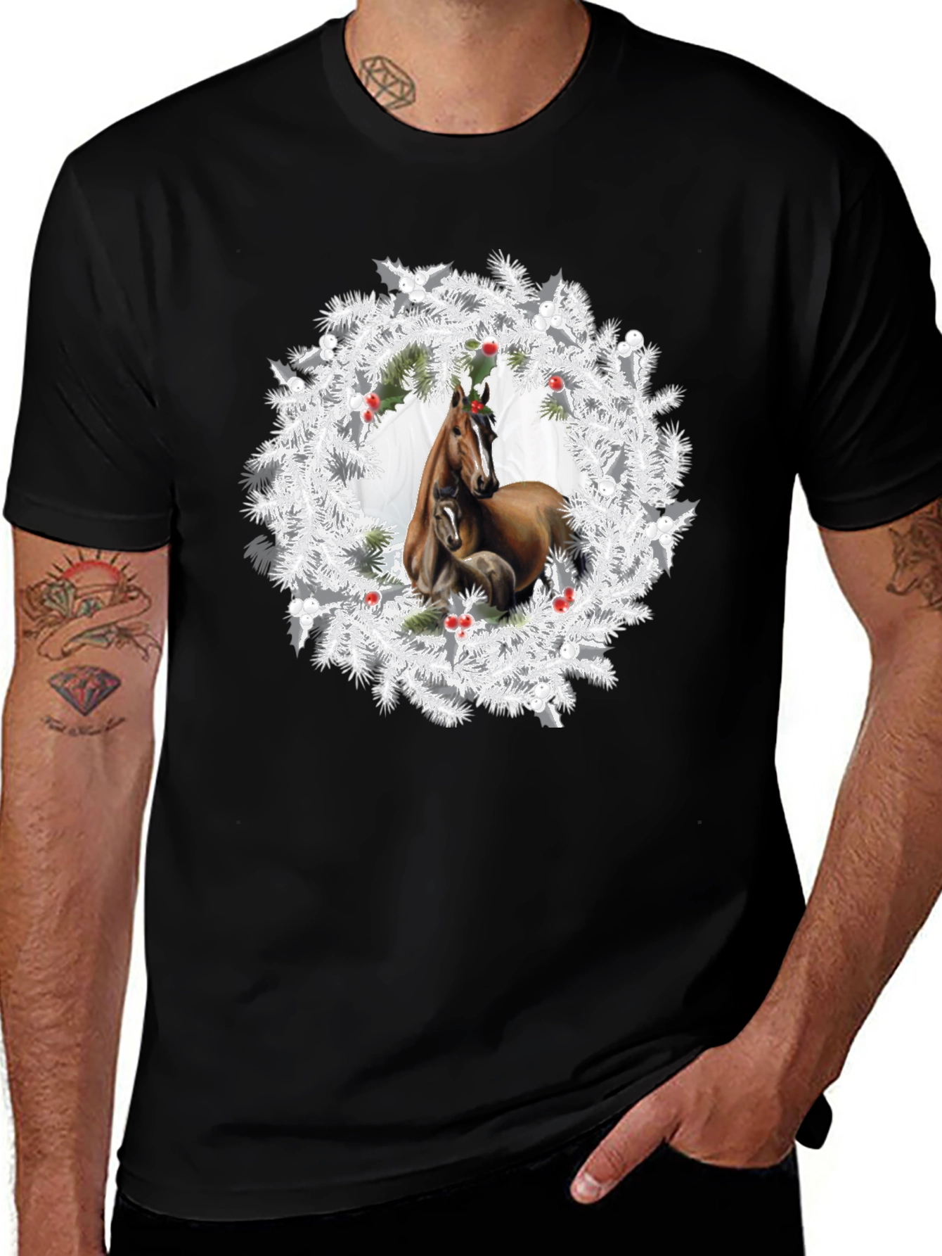 Variant 16 of Horse Christmas Wreath T-Shirt - Black