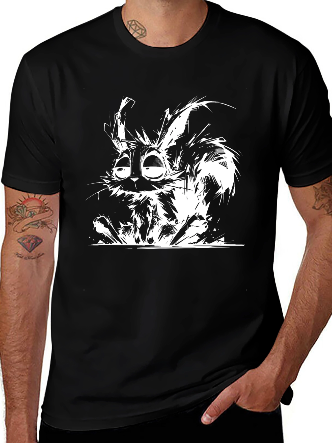 Variant 23 of Men's Black T-Shirt with Cartoon Cat Design