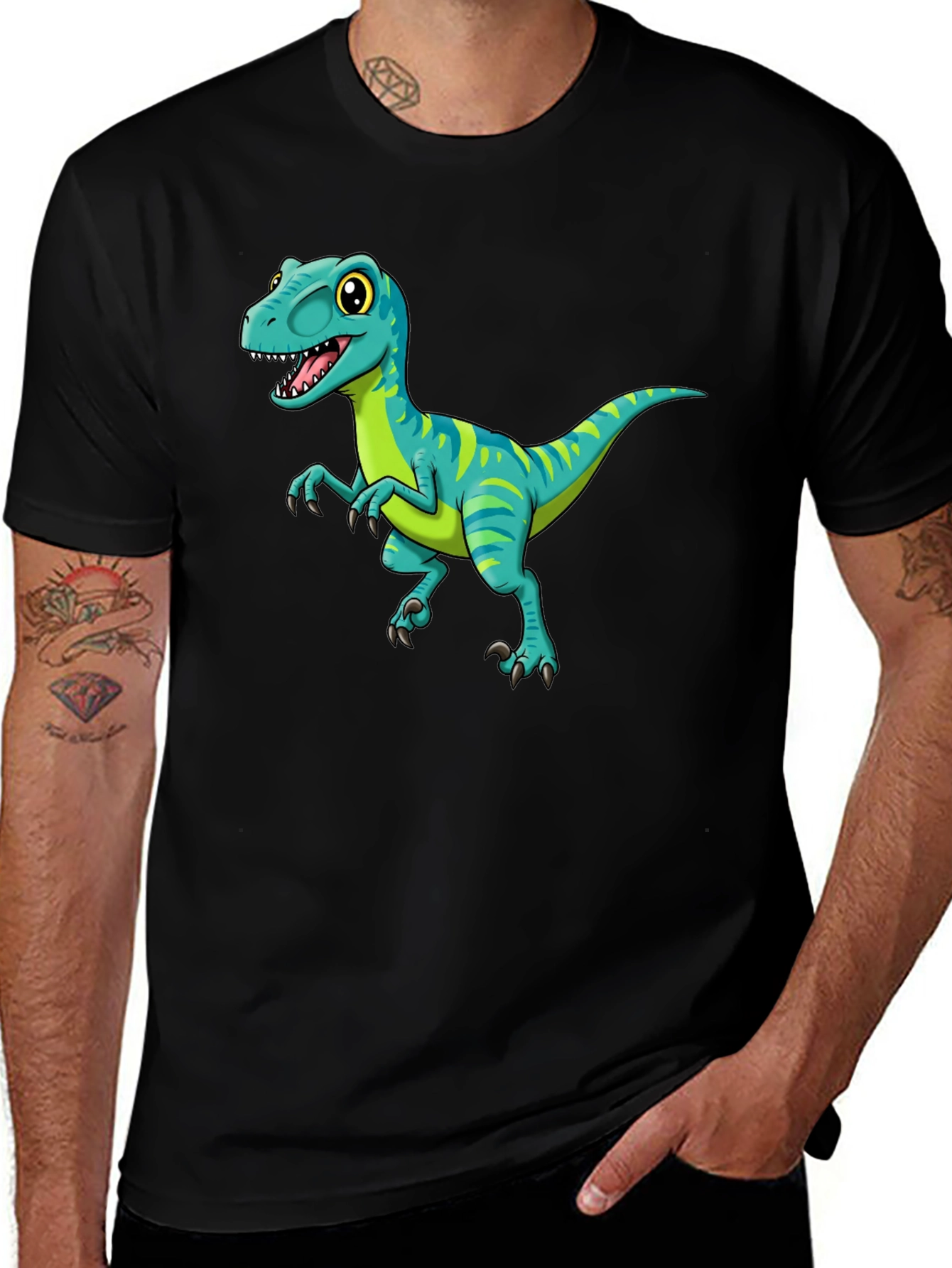 Variant 19 of Cartoon Dinosaur Graphic Tee - Black