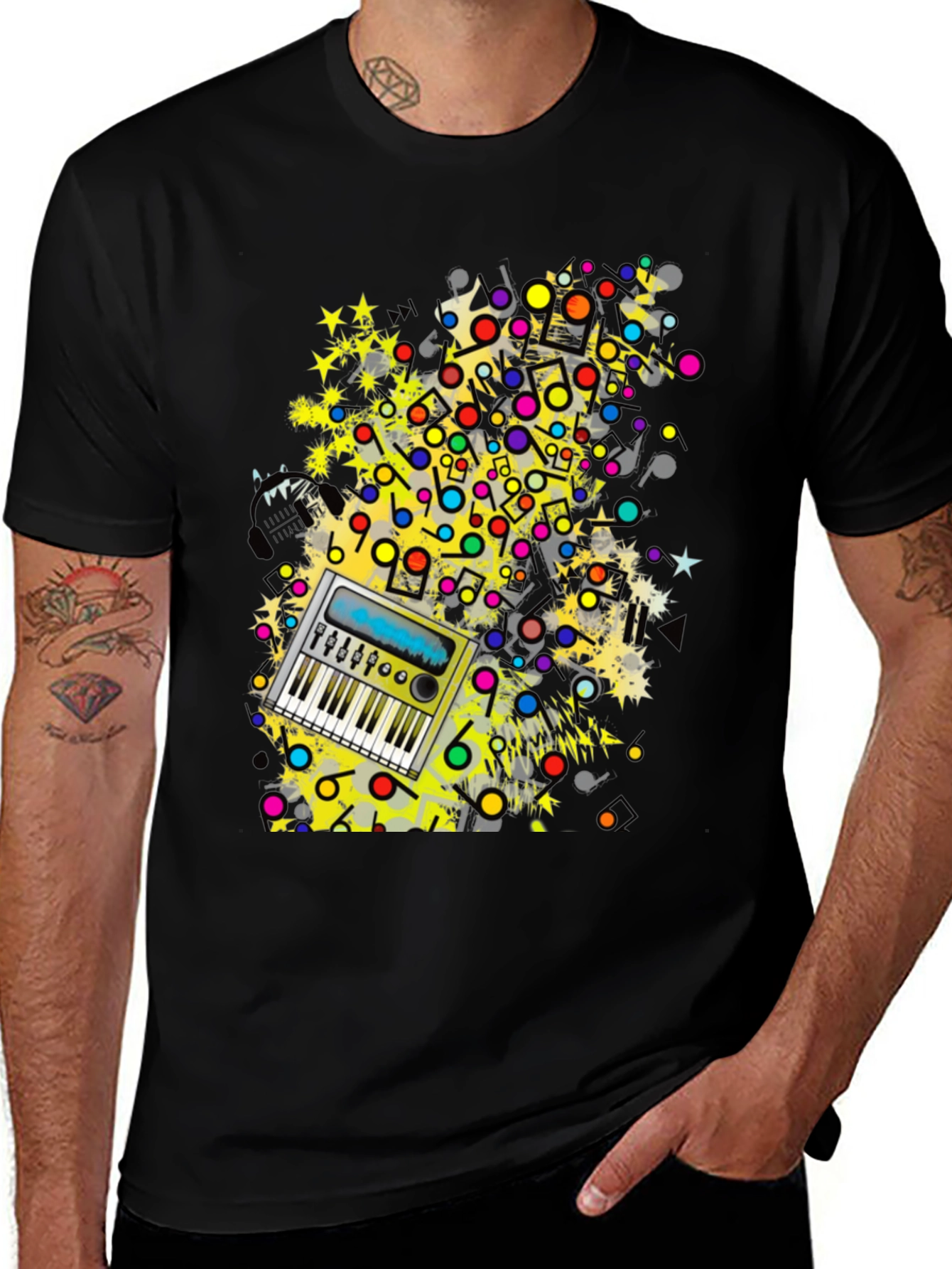 Music Keyboard Graphic Print Men's Black T-Shirt