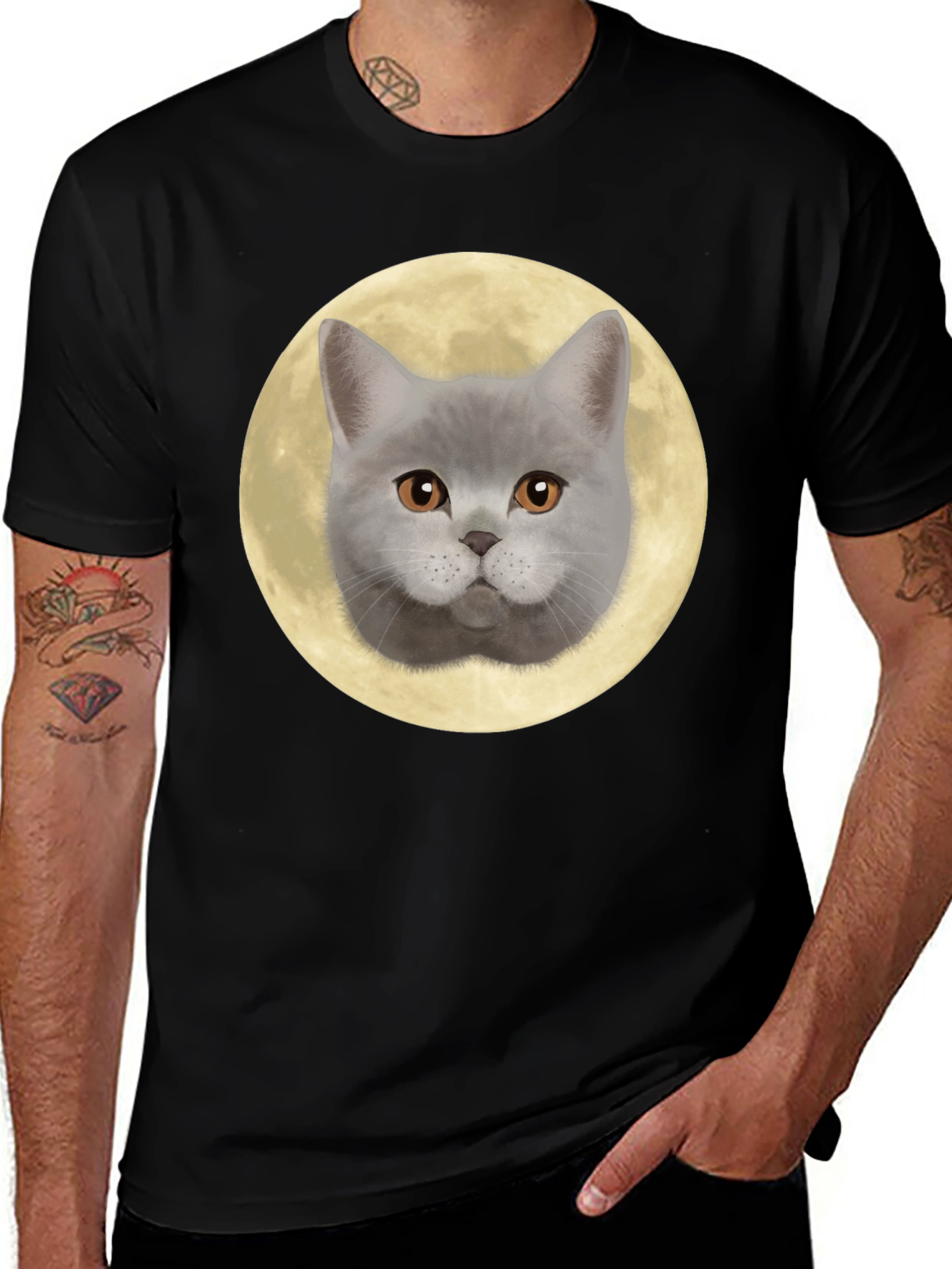 Variant 29 of Cat Face Moon Graphic T-Shirt - Black