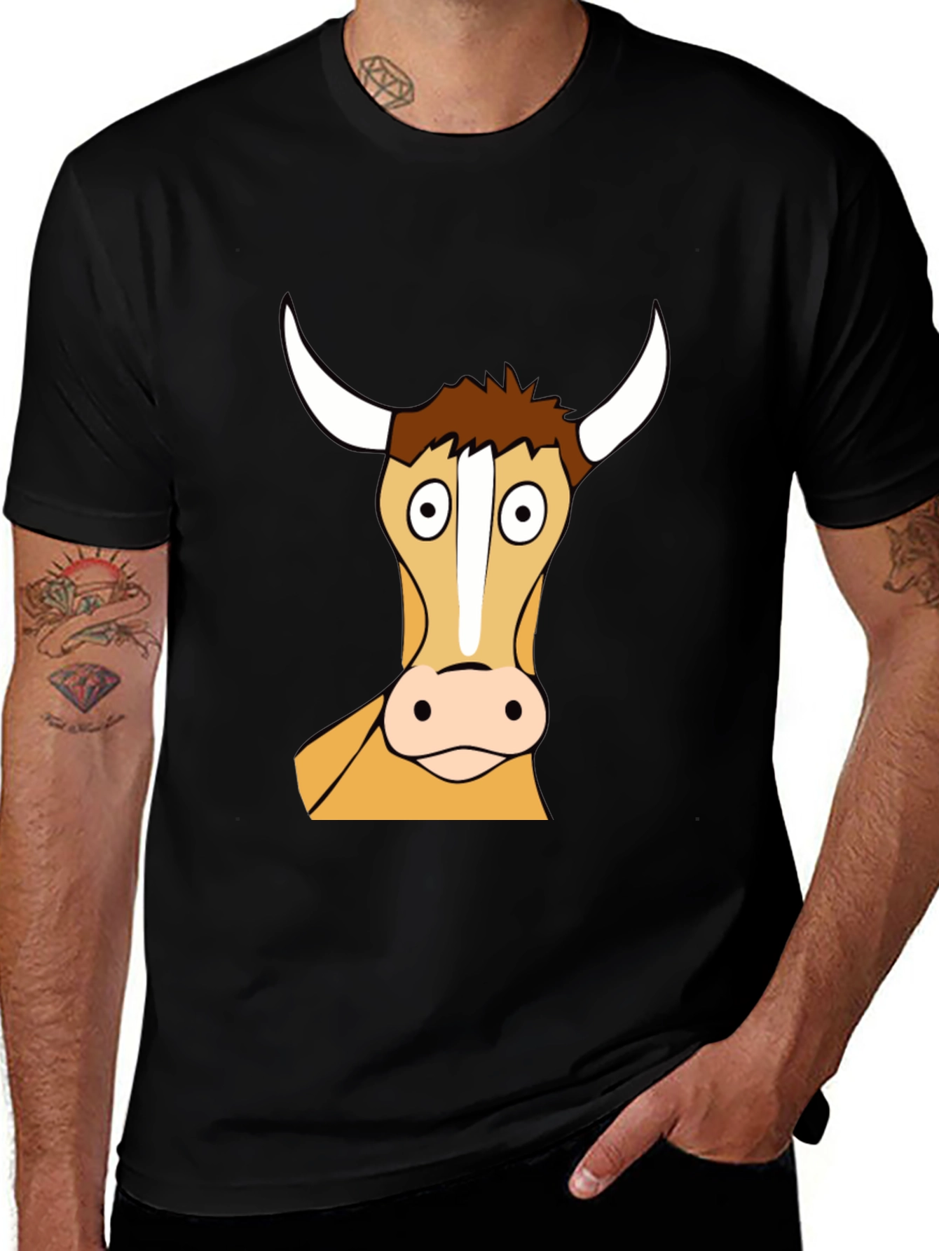 Variant 28 of Funny Cartoon Cow Graphic T-Shirt - Black Cotton Tee