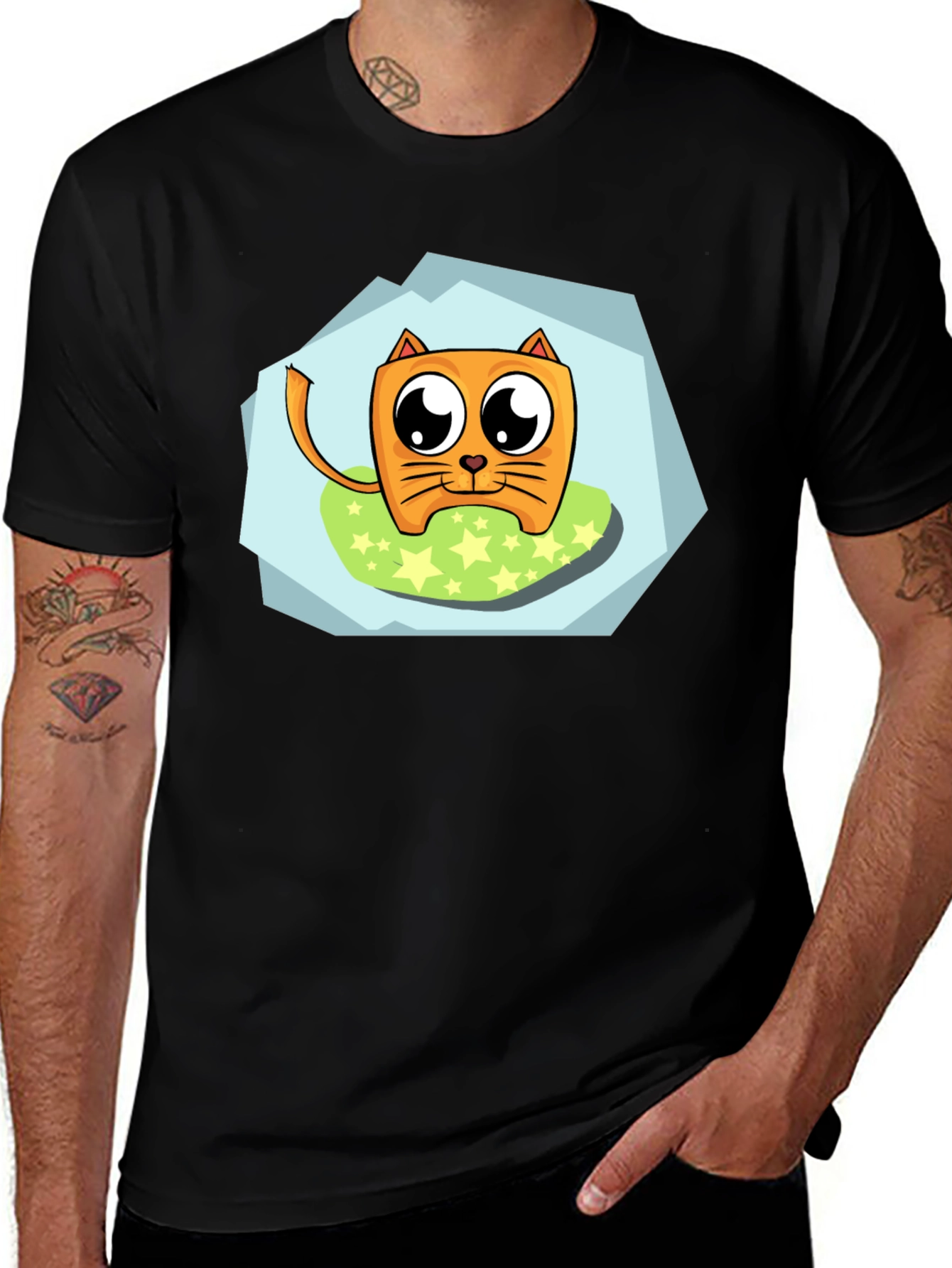 Black Cartoon Cat Graphic Tee - Black Casual Shirt main image