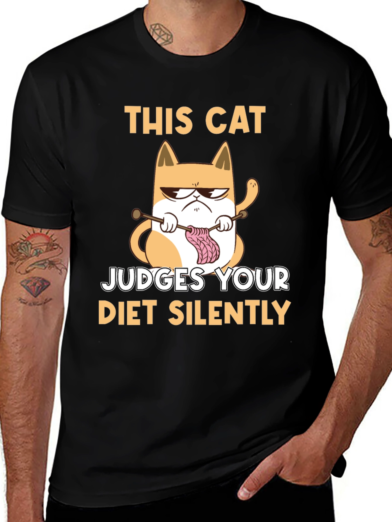Variant 27 of Funny Cat Knitter T-Shirt - Judges Your Diet Silently