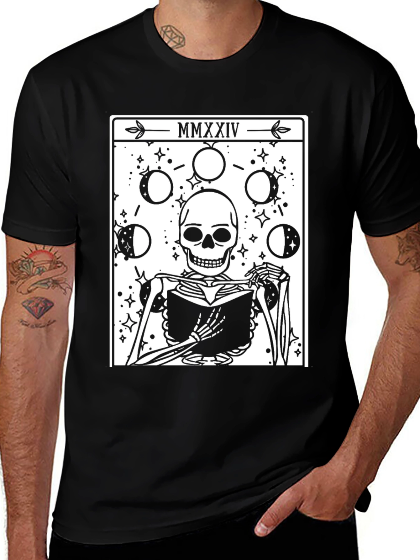Tarot Skeleton Tee - Moon Phase Book Reader