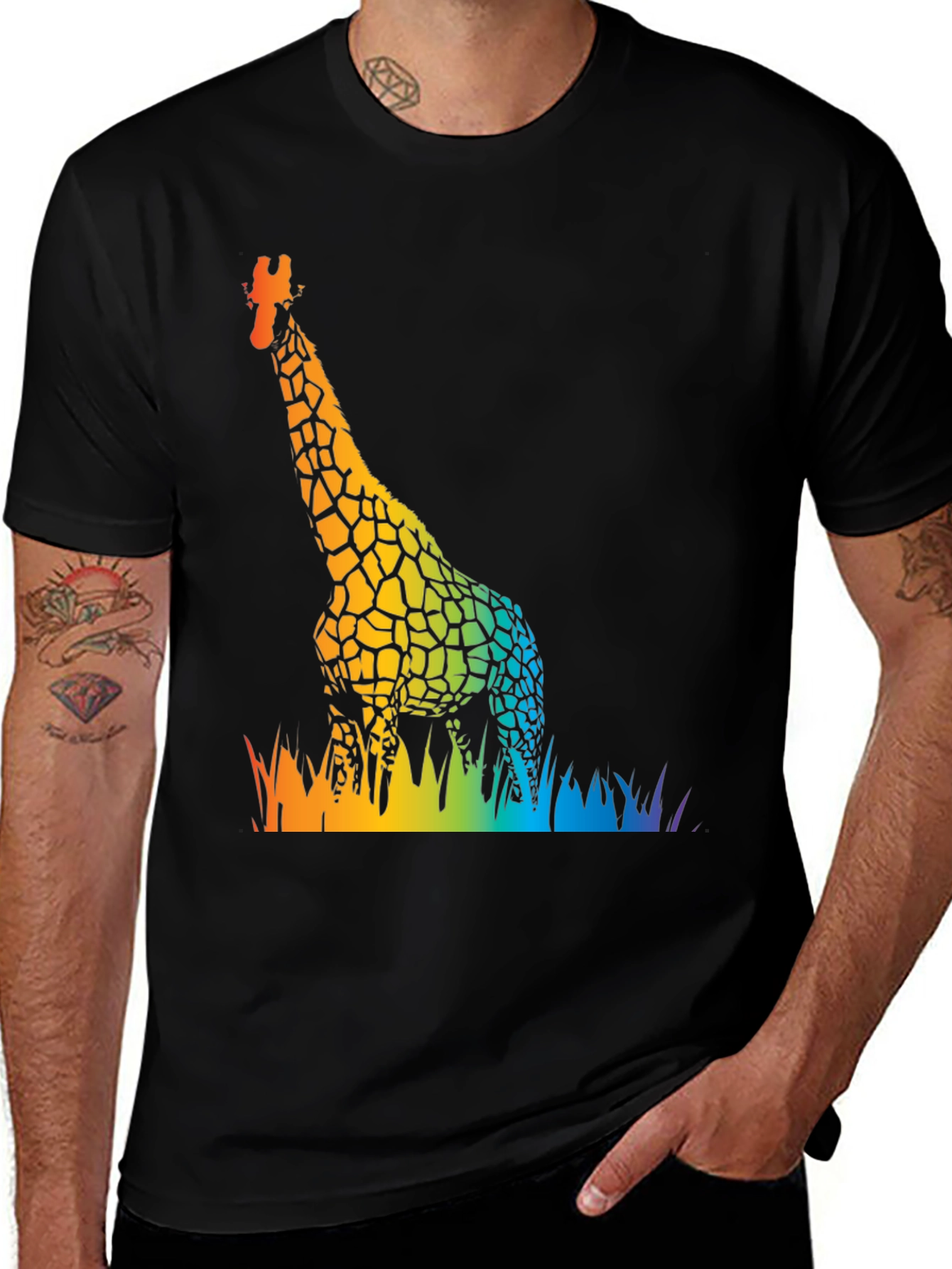 Variant 3 of Rainbow Giraffe Graphic Tee - Black Cotton Comfort