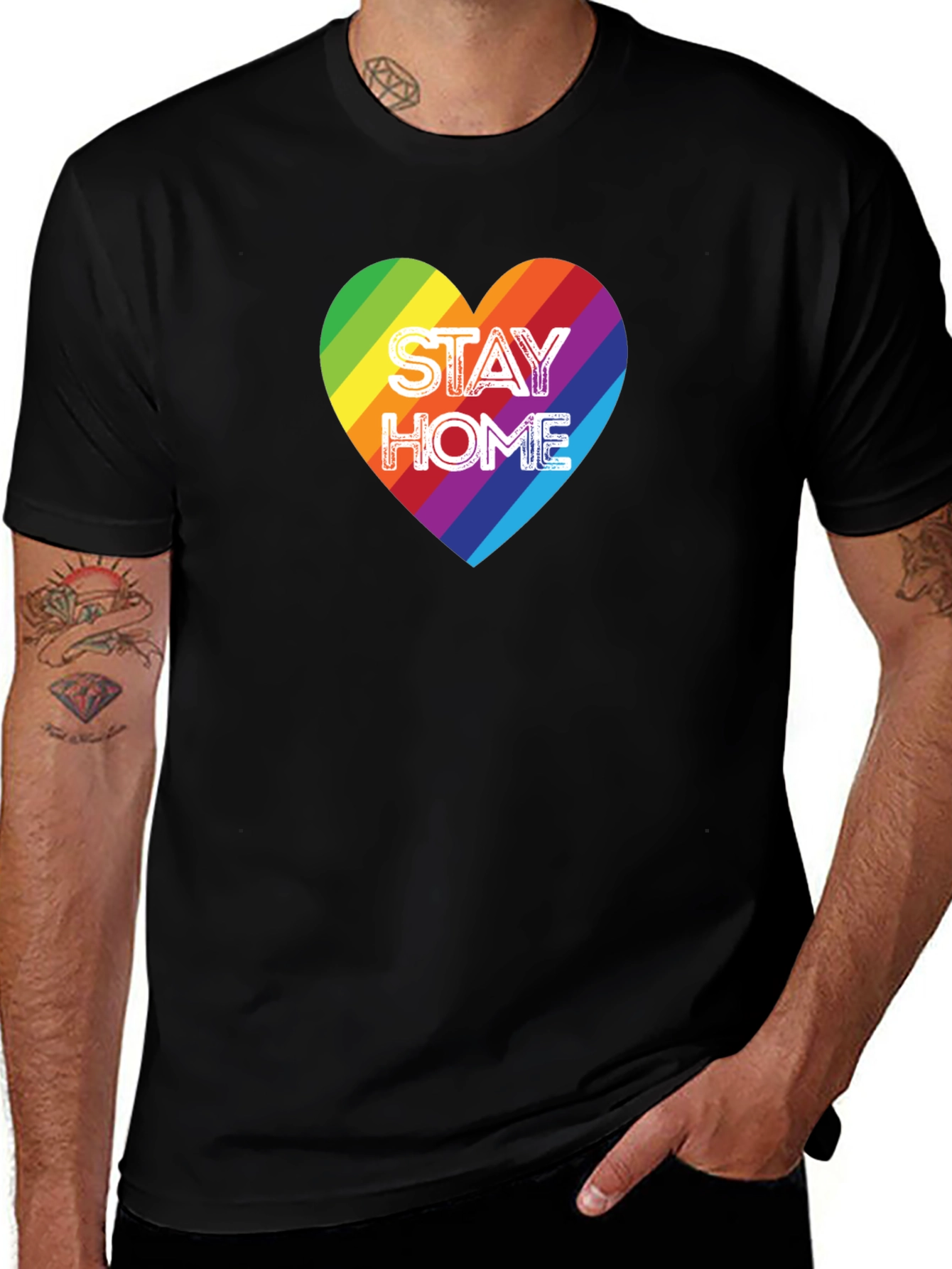 Variant 26 of Stay Home Rainbow Heart Graphic Tee - Black Cotton T-Shirt